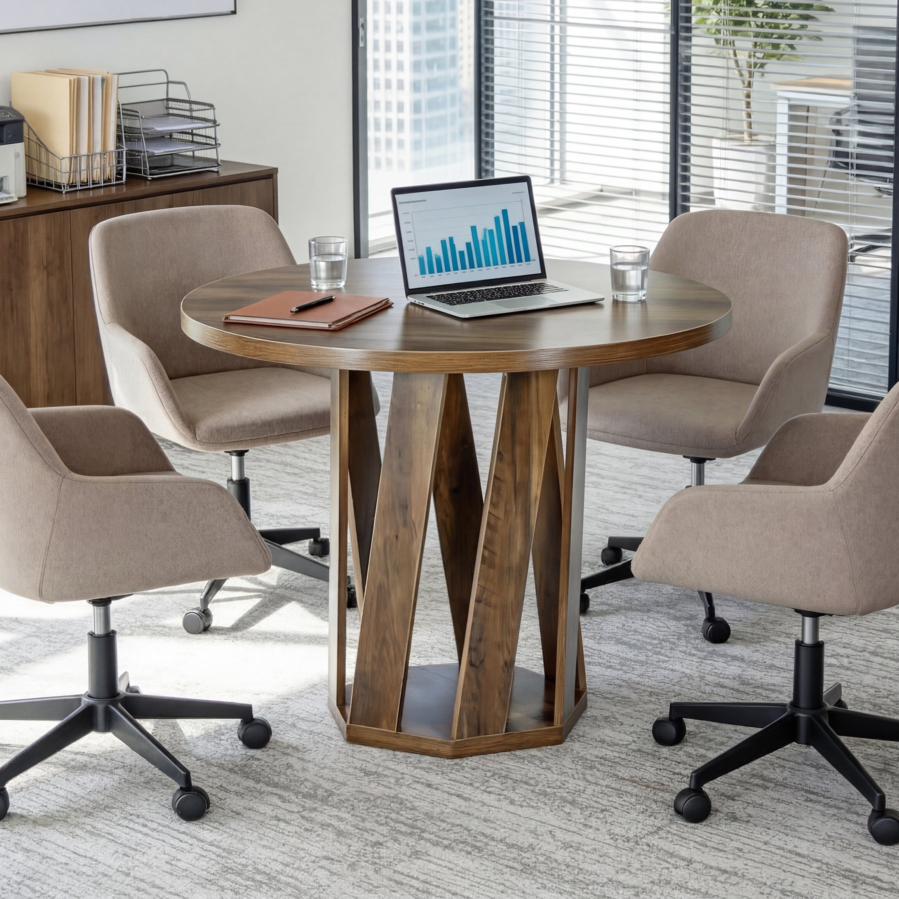 80 cm Ronde Vergadertafel Voor 2-4 Personen, Kleine Houten Kantoor Tafel in Rustic Bruin