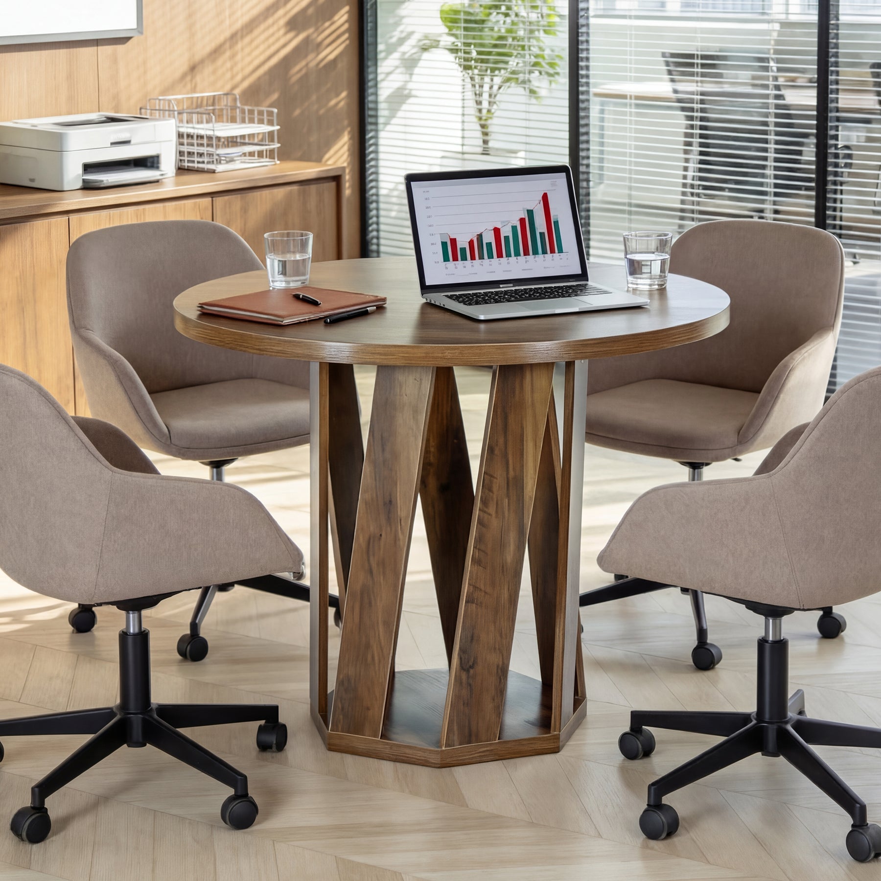 80 cm Ronde Vergadertafel Voor 2-4 Personen, Kleine Houten Kantoor Tafel in Rustic Bruin