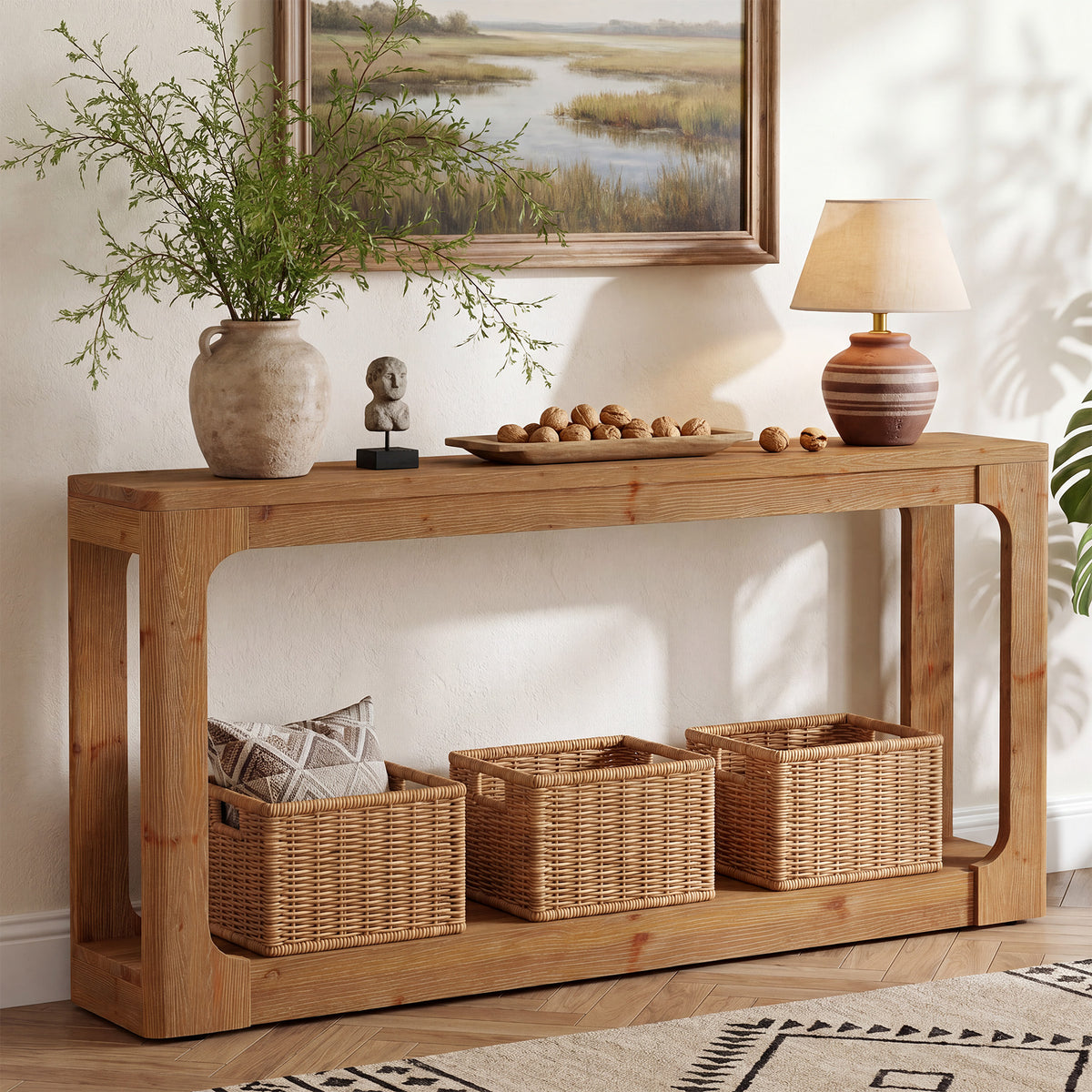 160 cm Tribesigns massief houten sidetable, rustiekbruin met 2 opbergniveaus voor de hal en woonkamer