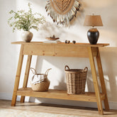 110 cm Massief Houten Consoletafel met 2 Lades, Smalle Haltafel met Opbergruimte voor Woonkamer en Entree 3