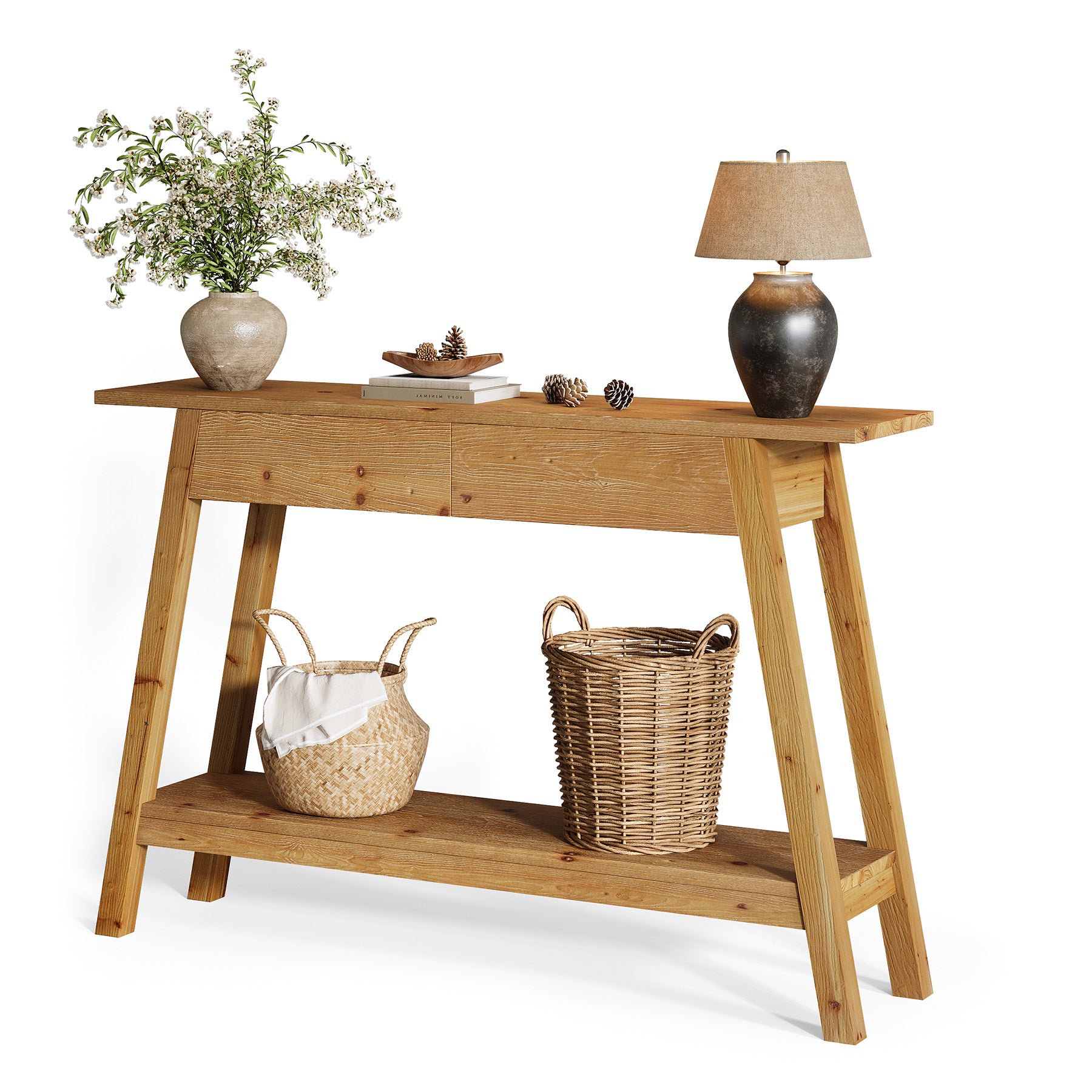 110 cm Massief Houten Consoletafel met 2 Lades, Smalle Haltafel met Opbergruimte voor Woonkamer en Entree