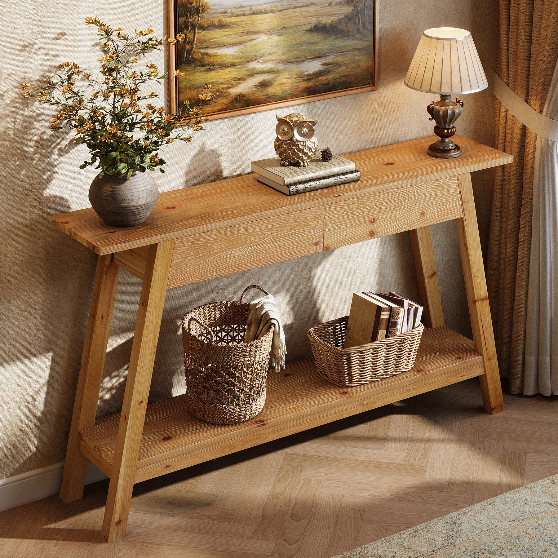 110 cm Massief Houten Consoletafel met 2 Lades, Smalle Haltafel met Opbergruimte voor Woonkamer en Entree