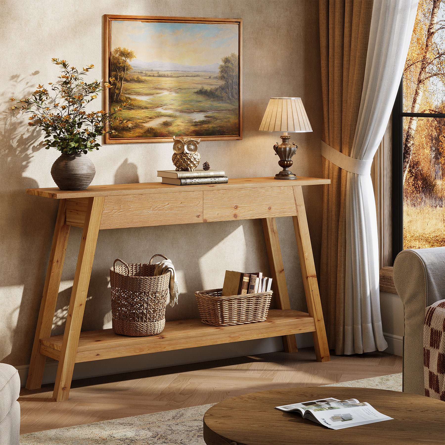 110 cm Massief Houten Consoletafel met 2 Lades, Smalle Haltafel met Opbergruimte voor Woonkamer en Entree