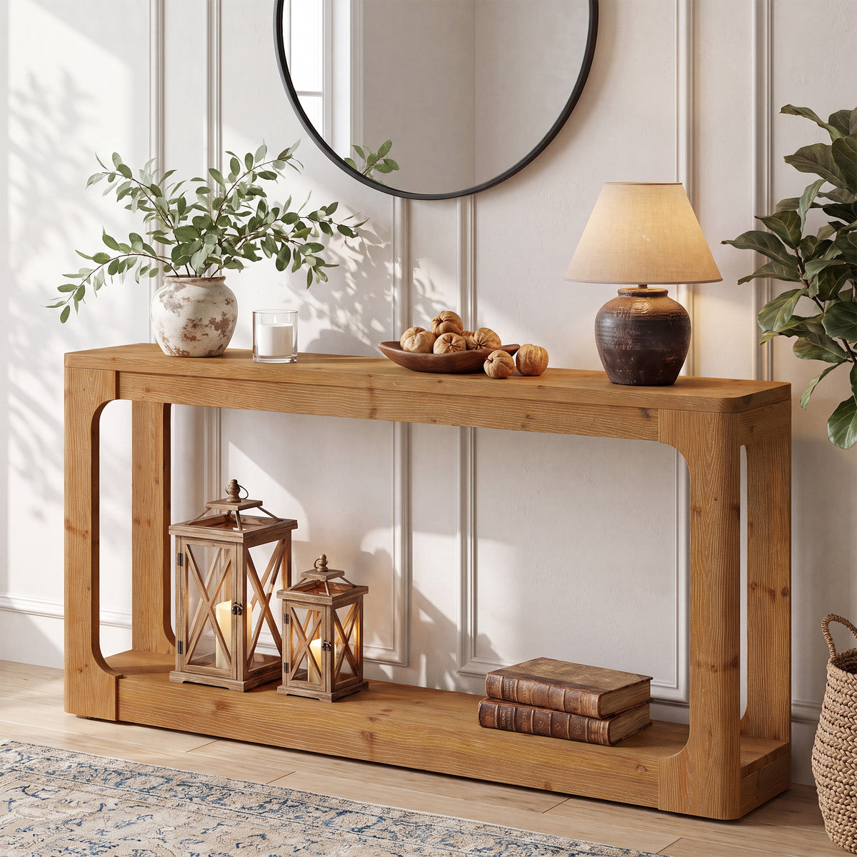 160 cm Tribesigns massief houten sidetable, rustiekbruin met 2 opbergniveaus voor de hal en woonkamer