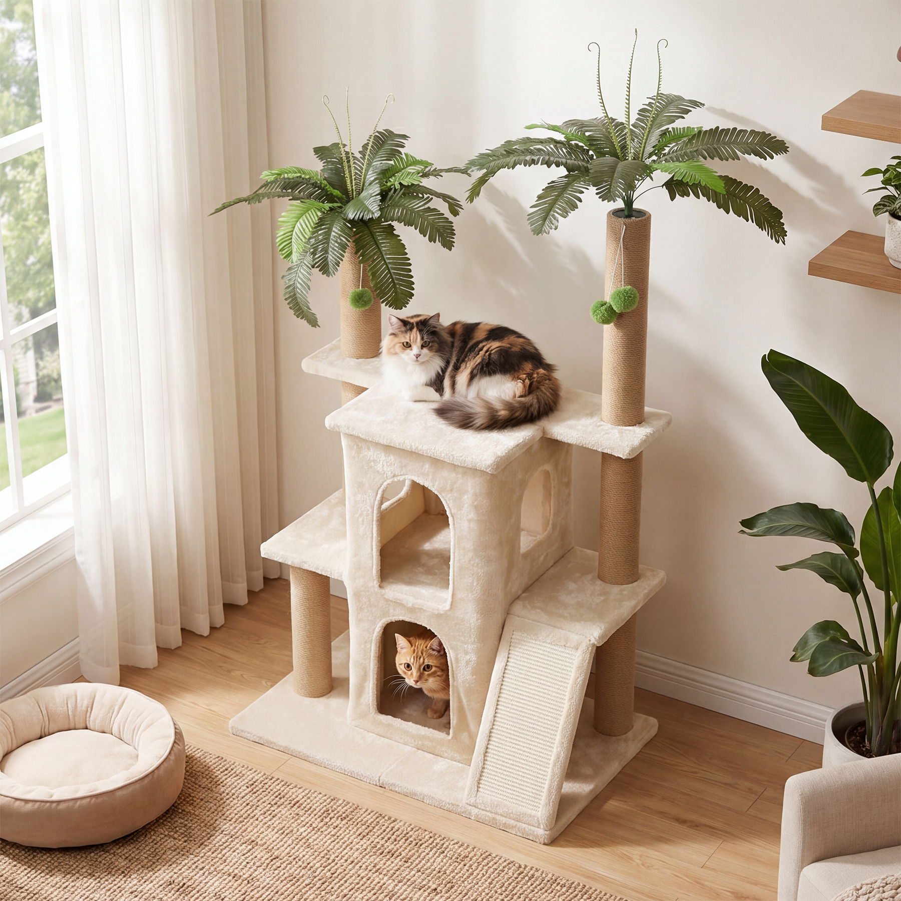 Tribesigns krabpaal met 2 pluche kattenhuisjes en sisalpalen, hoge kattenboom voor meerdere Binnenkatten