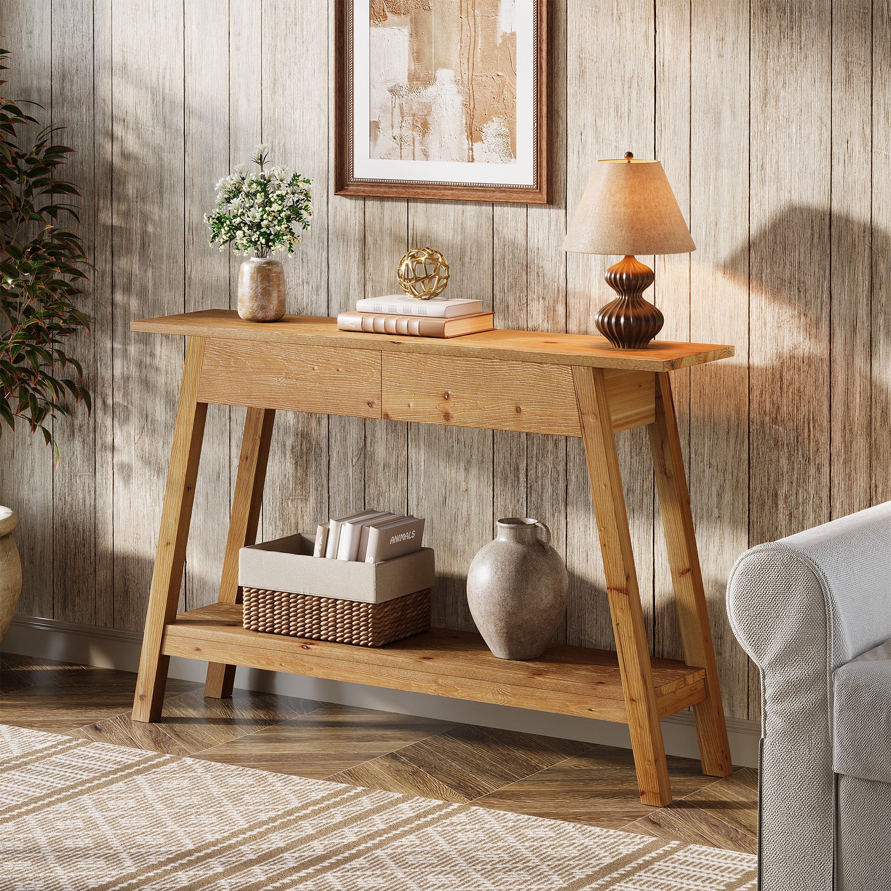 110 cm Massief Houten Consoletafel met 2 Lades, Smalle Haltafel met Opbergruimte voor Woonkamer en Entree