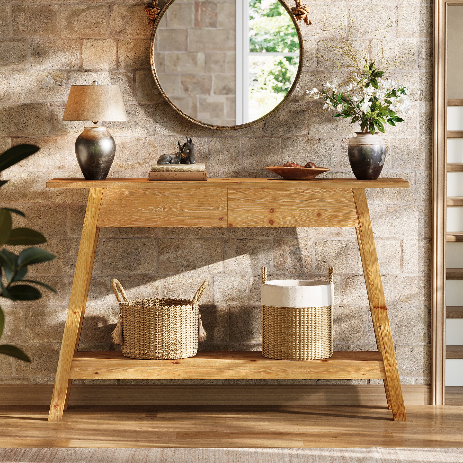 110 cm Massief Houten Consoletafel met 2 Lades, Smalle Haltafel met Opbergruimte voor Woonkamer en Entree