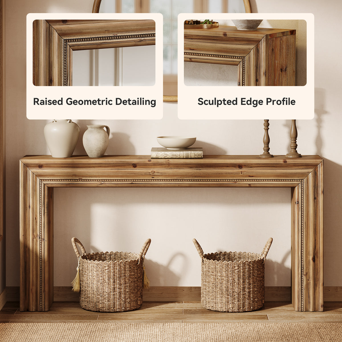 160 cm Tribesigns massief houten consoletafel met geometrisch design, smalle haltafel voor woonkamer en hal