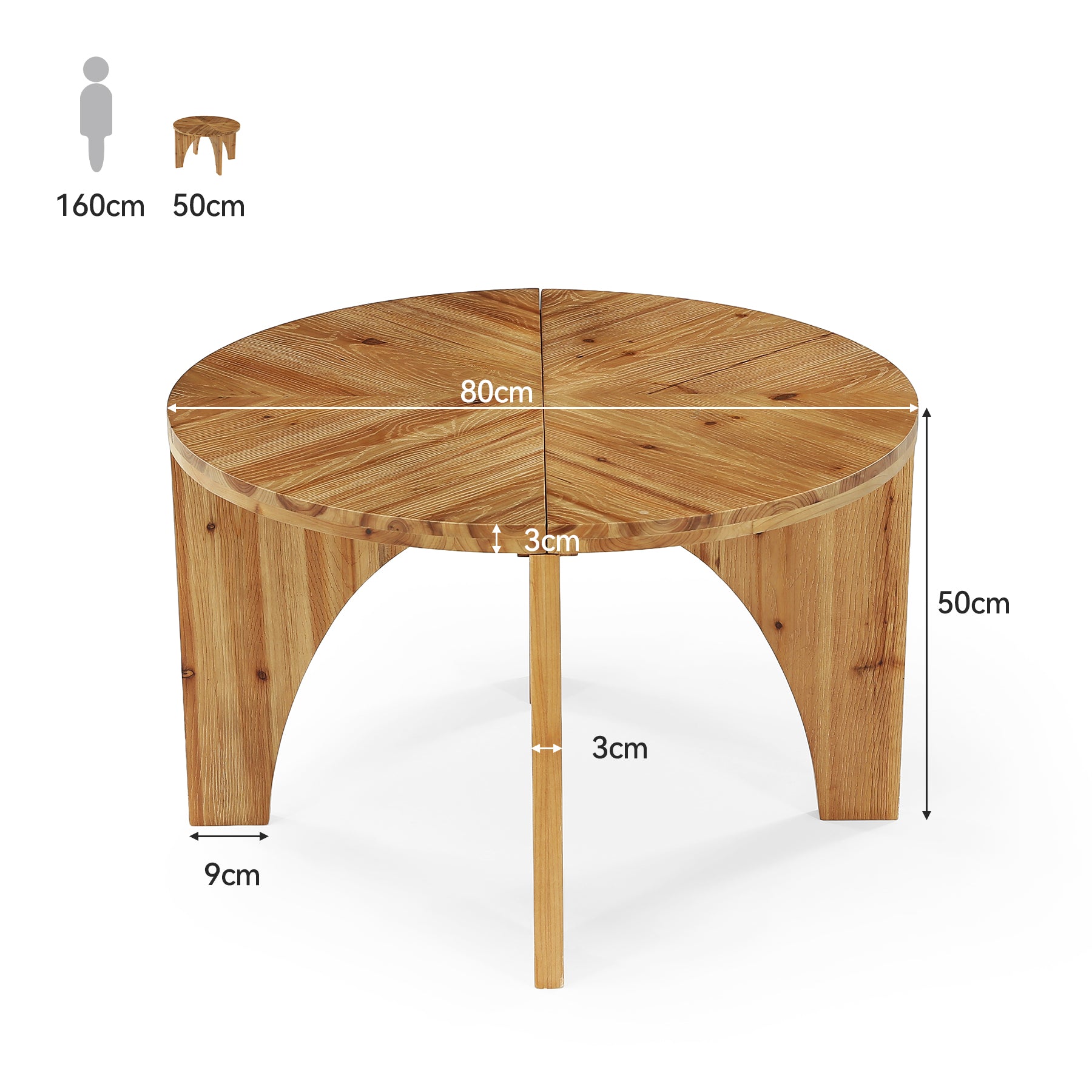80 cm Ronde Salontafel van Massief Hout, Landelijke Salontafel met Gebogen Poten Naturel