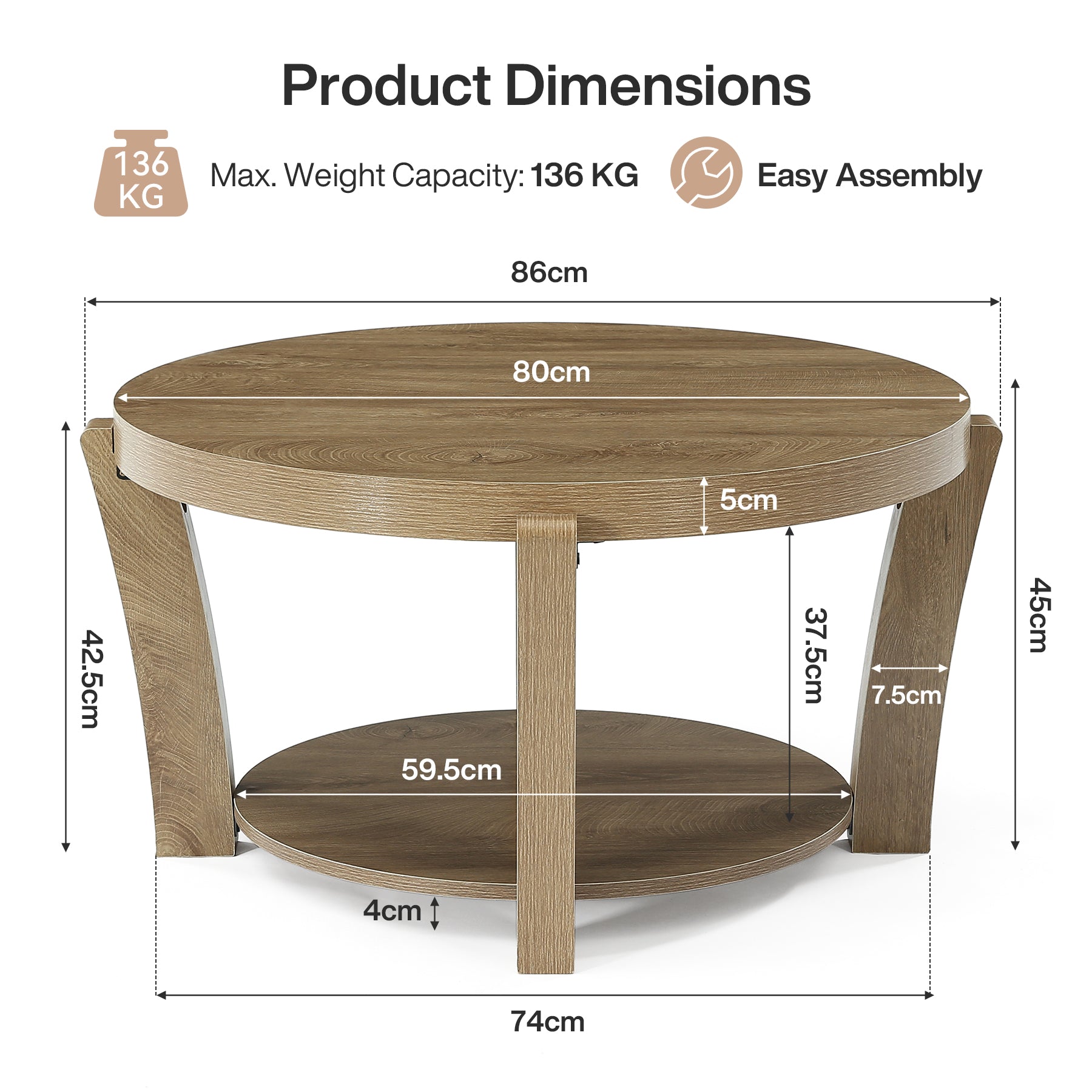 80 cm Tribesigns ronde salontafel met 2-laagse opbergruimte, houten koffietafel voor woonkamer