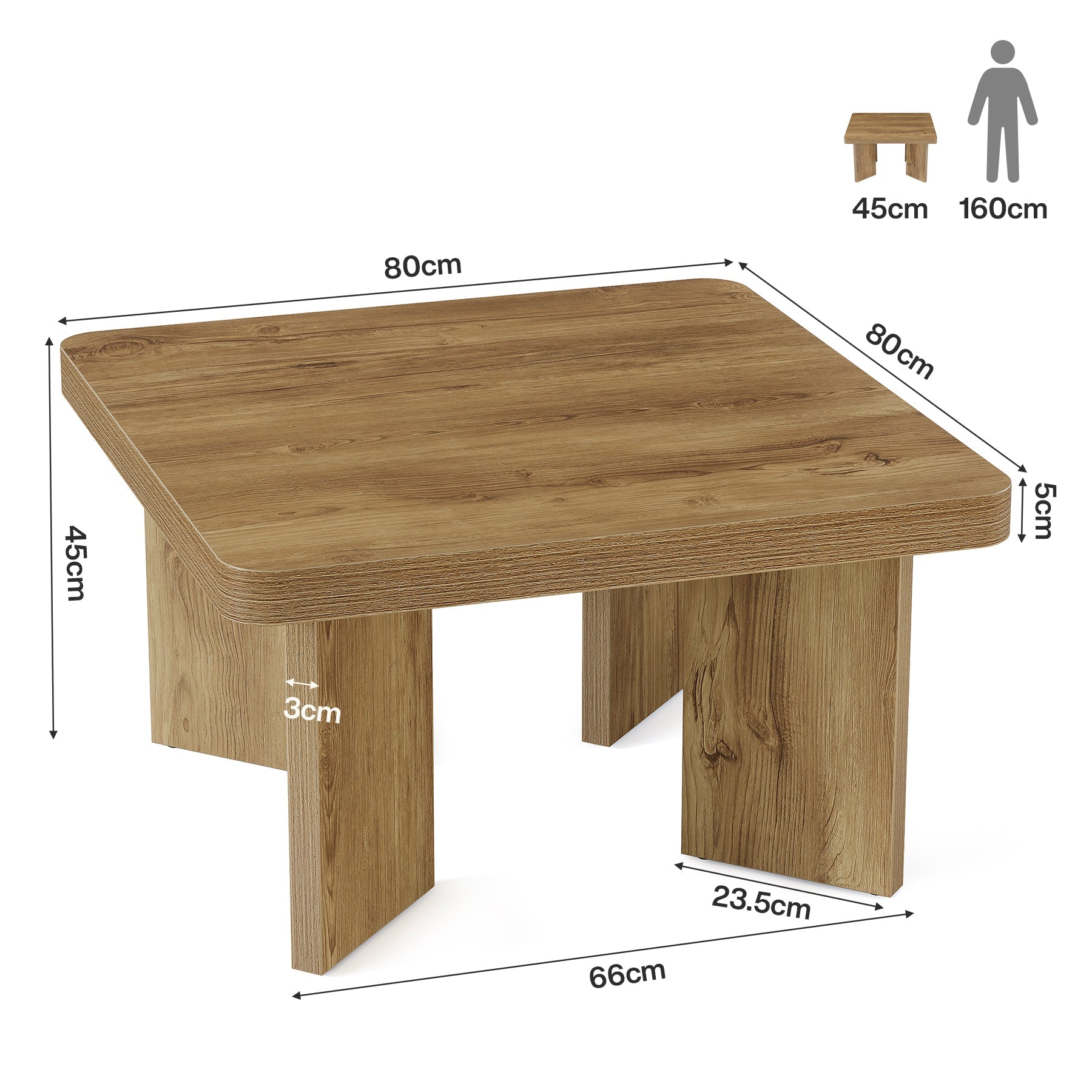 Tribesigns Vierkante salontafel 80 cm, kleine woonkamertafel in landhuisstijl met stevig tafelblad