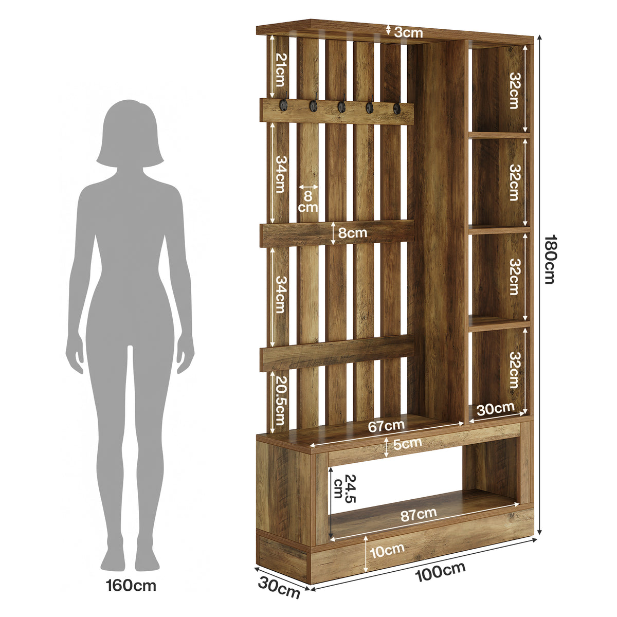 180 cm roomdivider met planken en kapstok, vrijstaande houten scheidingswand voor hal en woonruimte