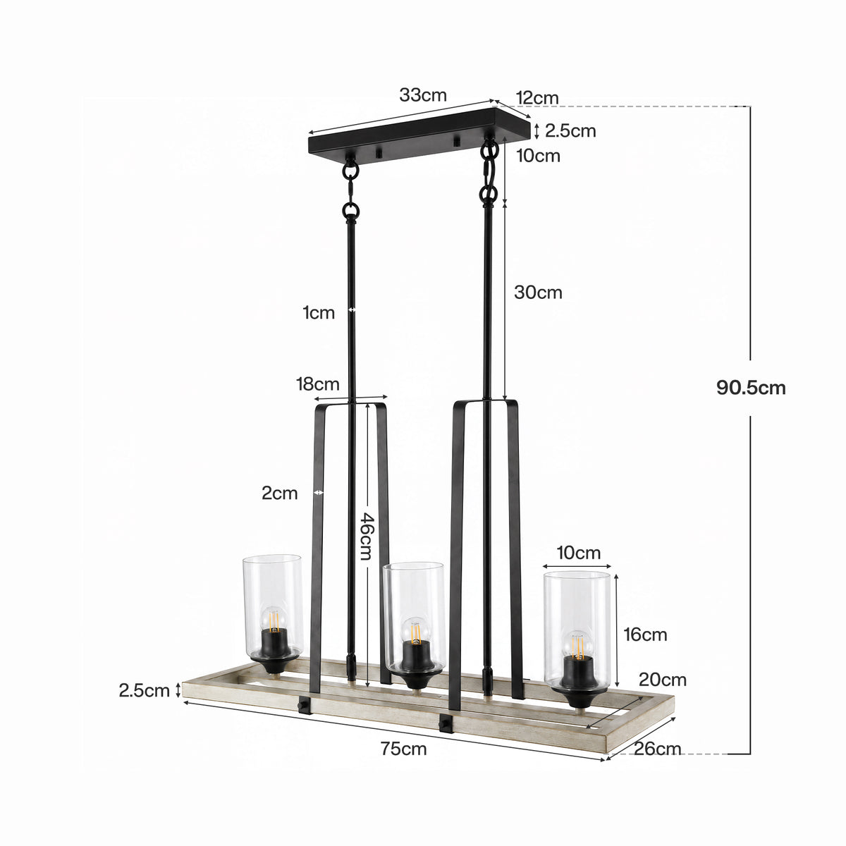 3-lichts hanglamp in industriële vintage stijl met zwarte metalen kap, plafondlamp voor woonkamer en eethoek