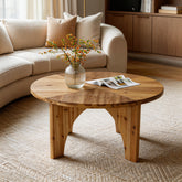 80 cm Ronde Salontafel van Massief Hout, Landelijke Salontafel met Gebogen Poten Naturel 3