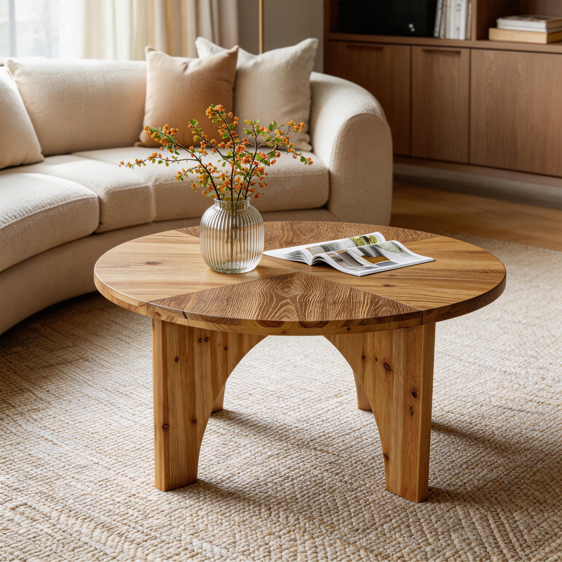 80 cm Ronde Salontafel van Massief Hout, Landelijke Salontafel met Gebogen Poten Naturel