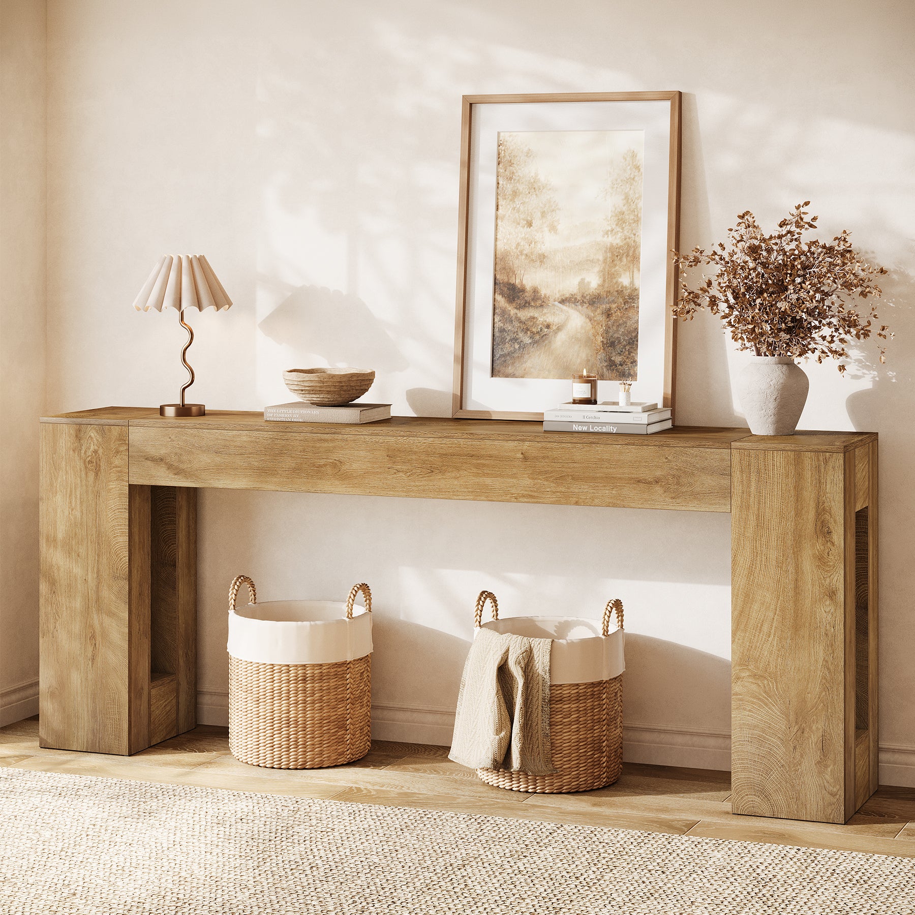 200 cm Extra Lange Consoletafel met Dikke Poten, Landelijke Smalle Sofa Tafel voor Hal Woonkamer Achter Bank