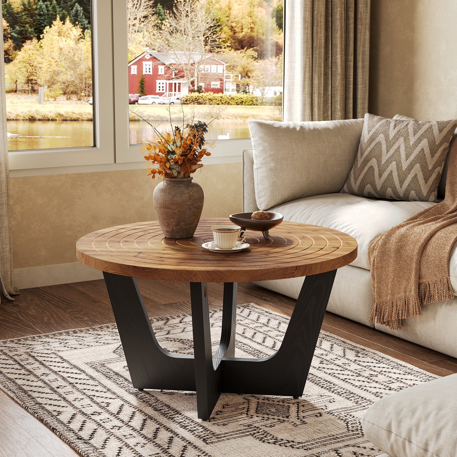 80 cm Ronde Massief Houten Salontafel, Landelijke Stijl met Ringgroef in Bruin en Zwart