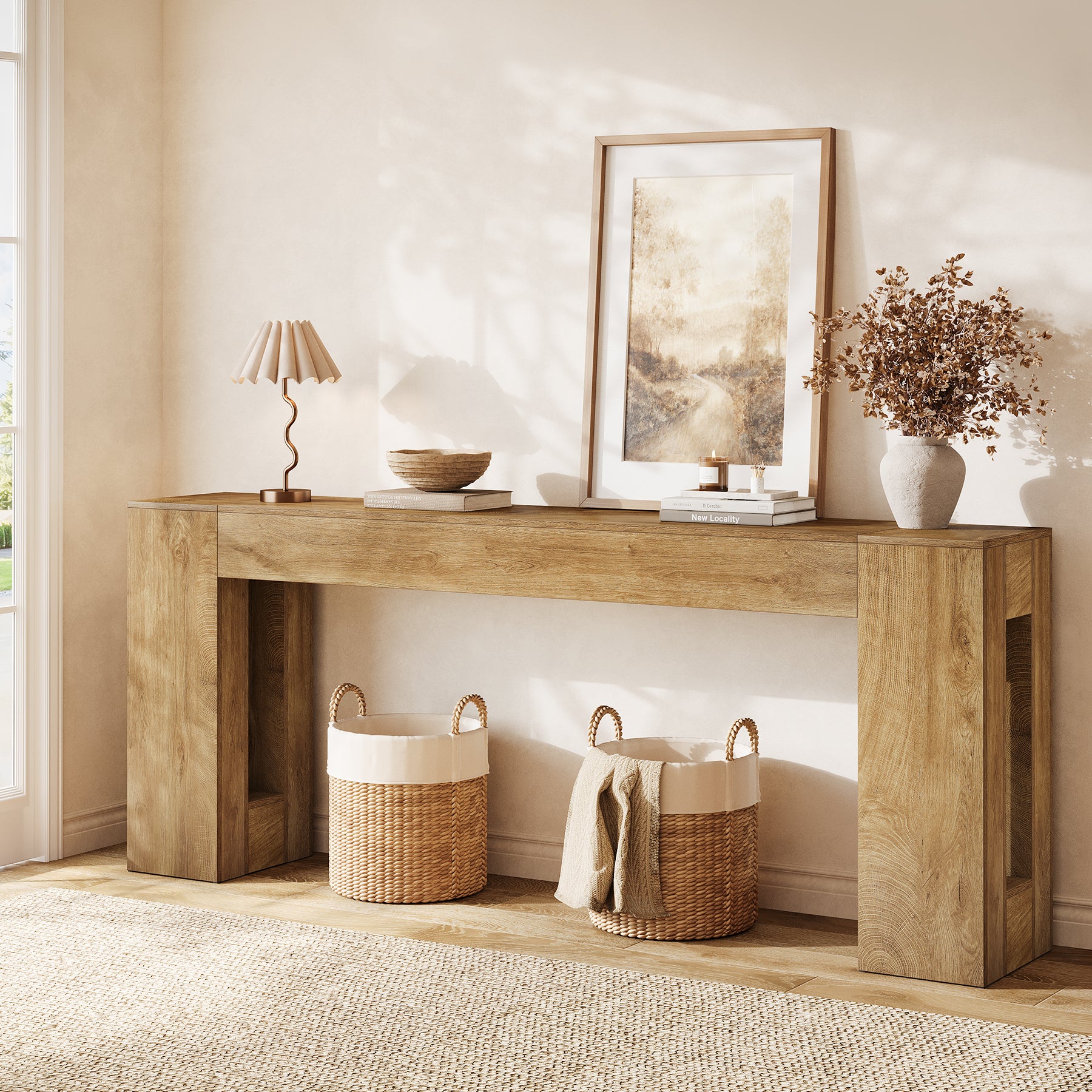 200 cm Extra Lange Consoletafel met Dikke Poten, Landelijke Smalle Sofa Tafel voor Hal Woonkamer Achter Bank