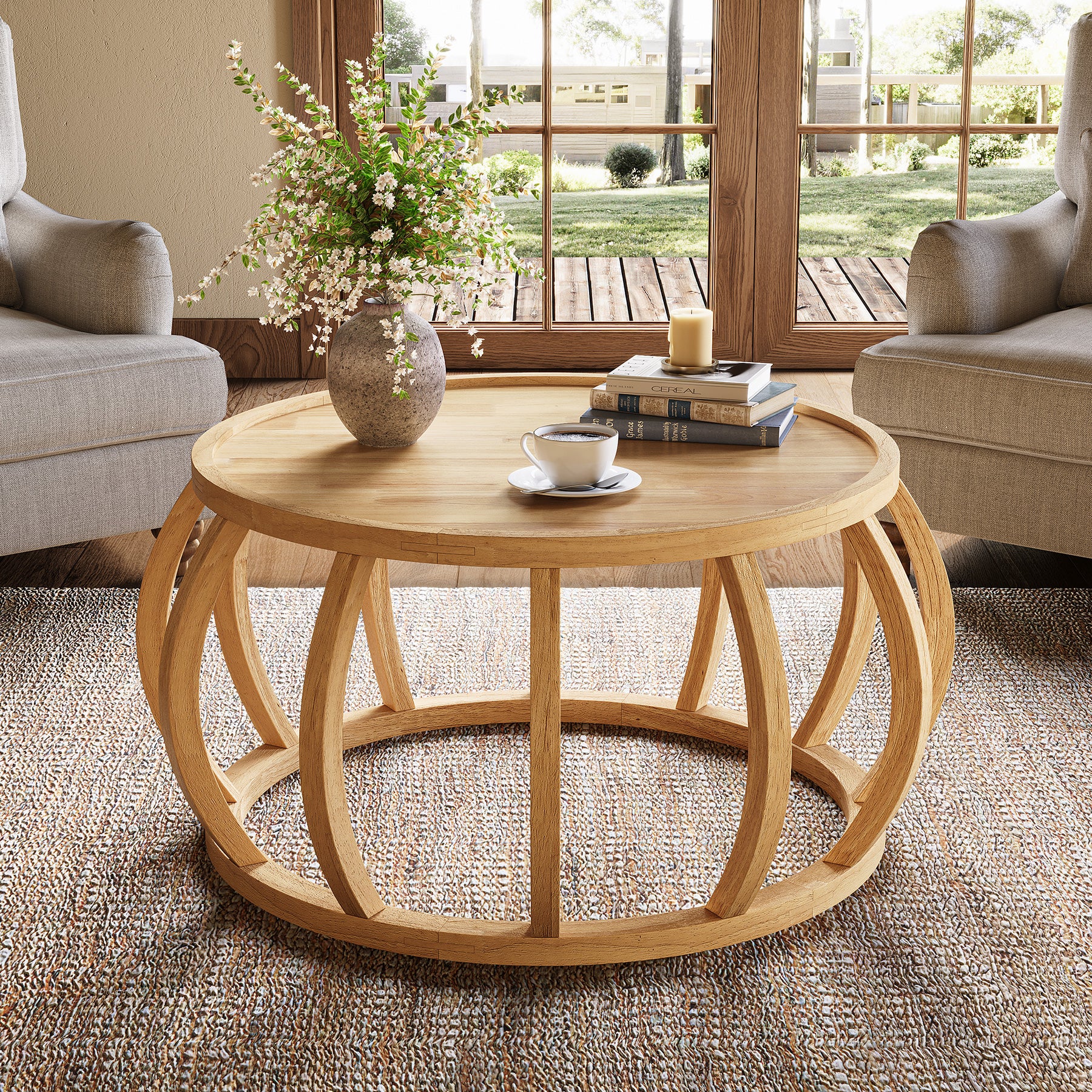 Ronde Massief Houten Salontafel, Industrieel Design met Gebogen Frame voor Elke Ruimte