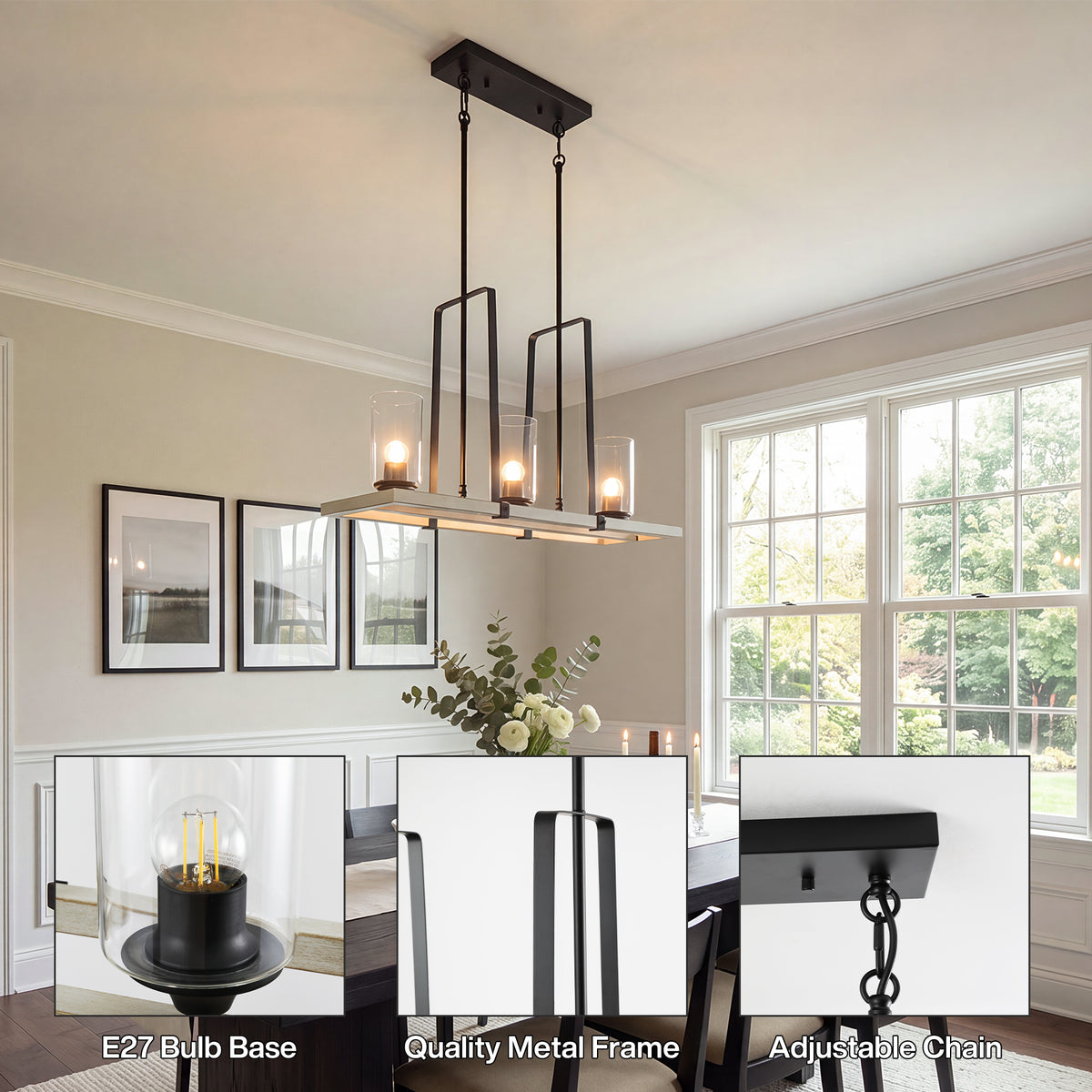 3-lichts hanglamp in industriële vintage stijl met zwarte metalen kap, plafondlamp voor woonkamer en eethoek