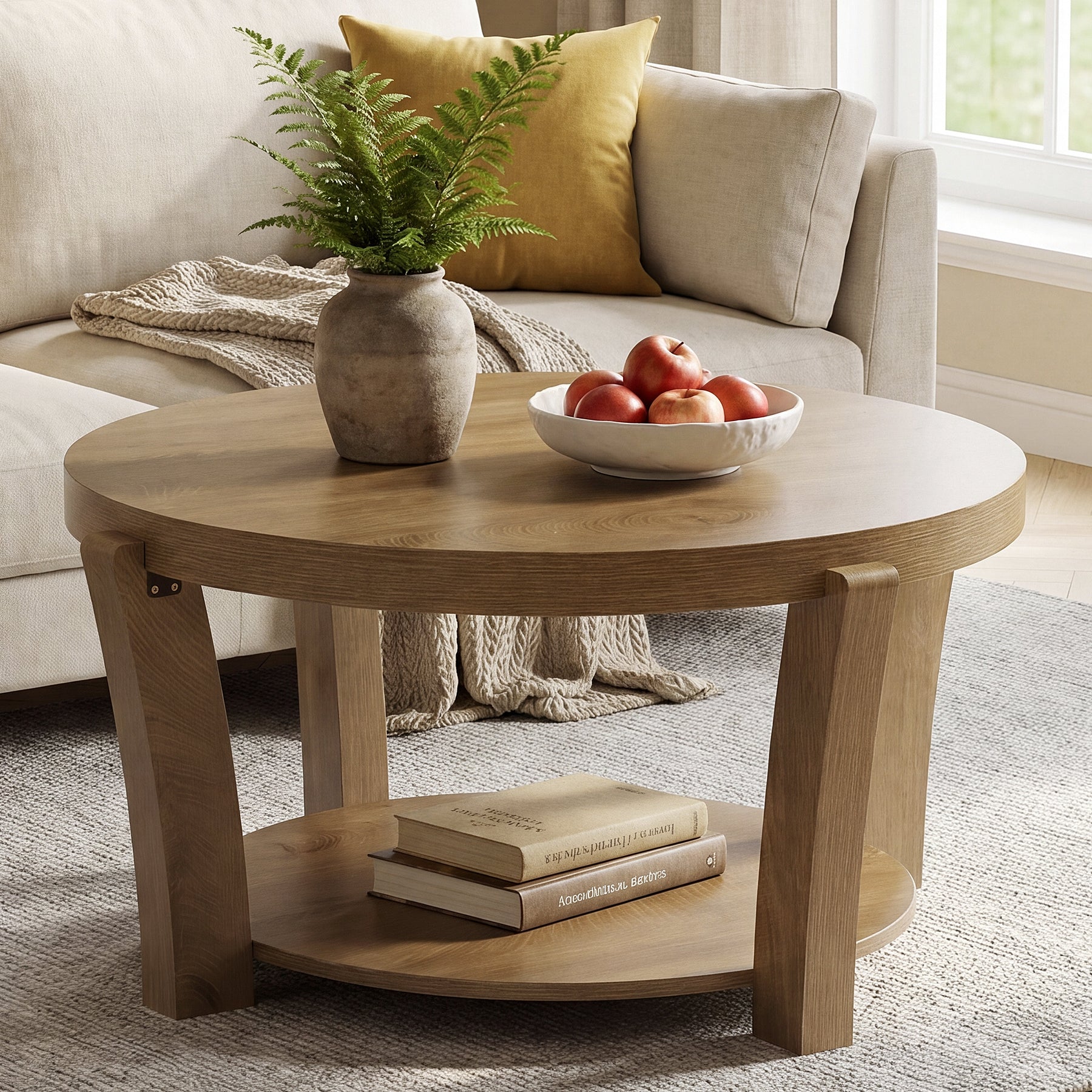 80 cm Tribesigns ronde salontafel met 2-laagse opbergruimte, houten koffietafel voor woonkamer