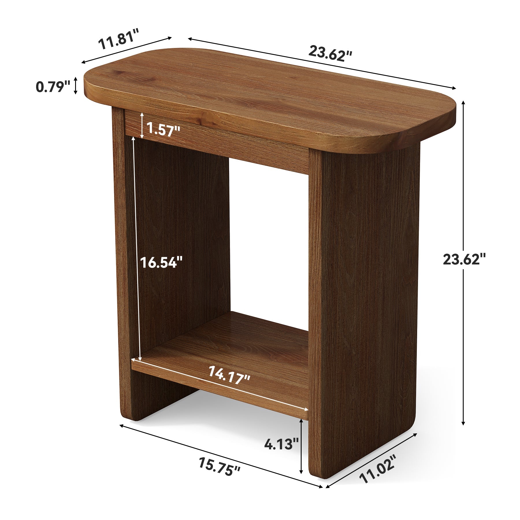 Massief houten bijzettafel, H-vormige 2-laagse bijzettafel met opbergplank