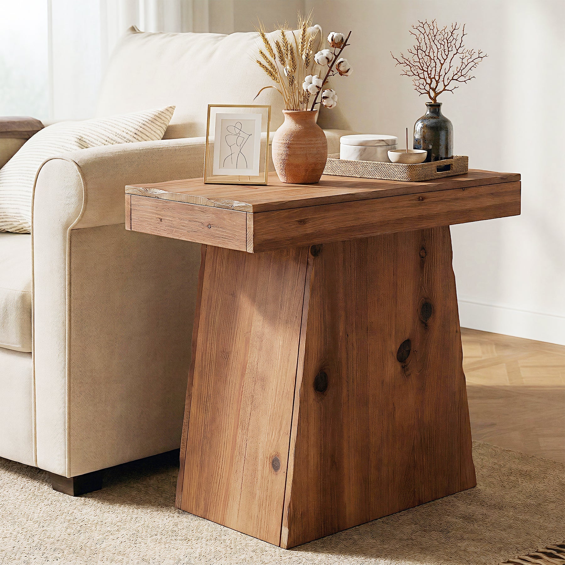 Tribesigns bijzettafel van massief hout 60 cm, houten tafel met trapeziumvormige voet