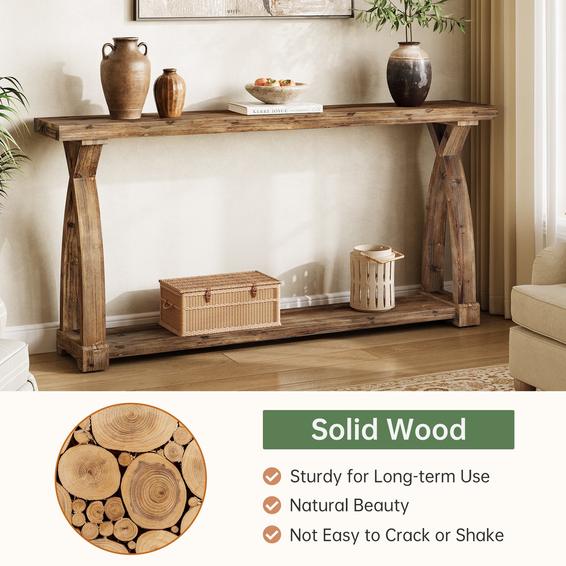 160 cm Smalle Massief Houten Consoletafel met 2 Niveaus, Landelijke Entreetafel voor Hal en Woonkamer