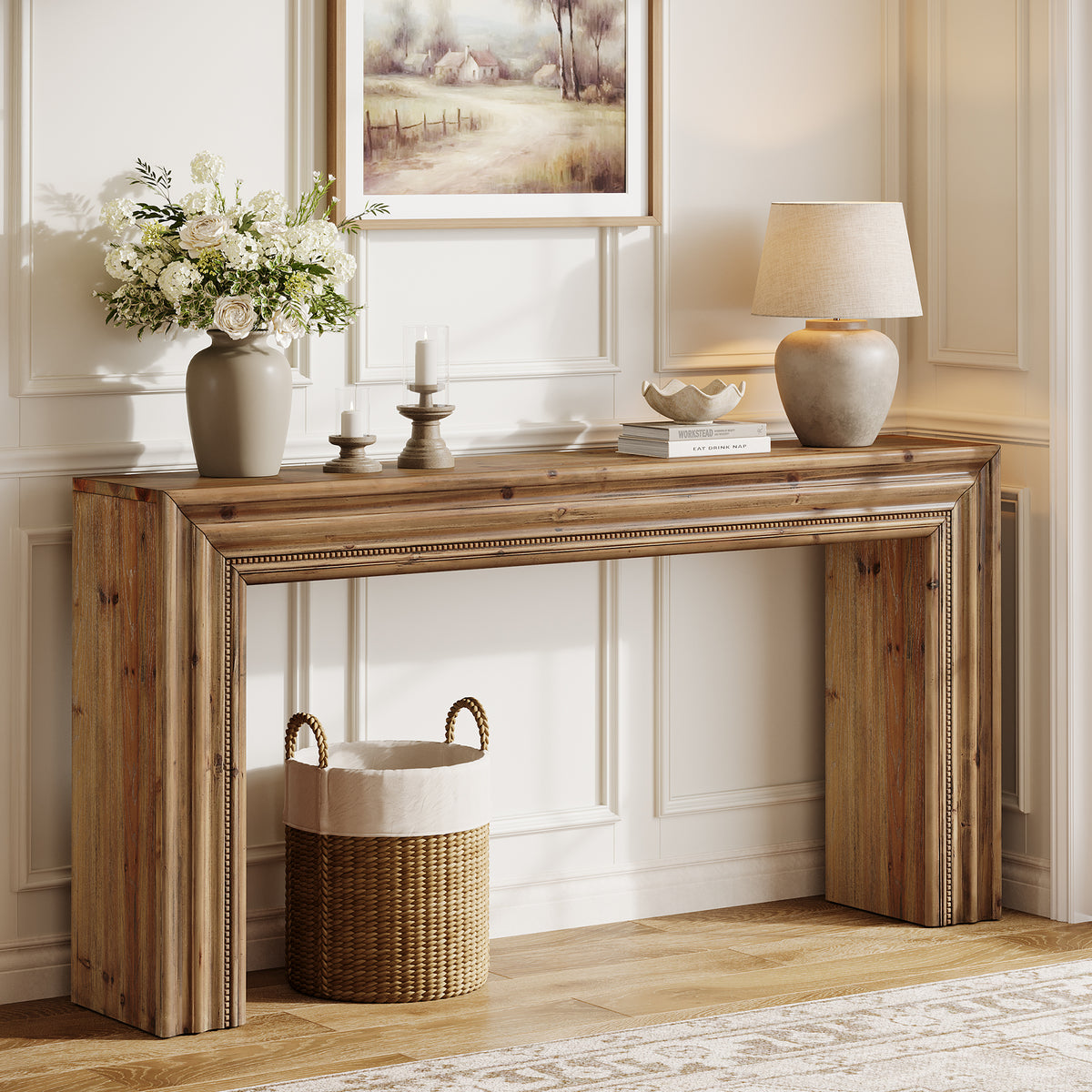 160 cm Tribesigns massief houten consoletafel met geometrisch design, smalle haltafel voor woonkamer en hal