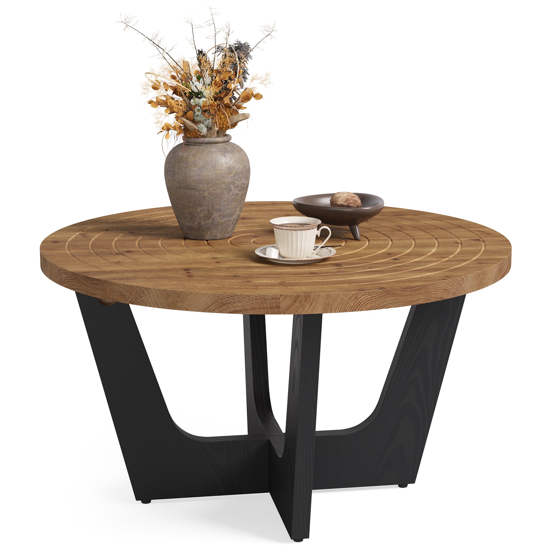 80 cm Ronde Massief Houten Salontafel, Landelijke Stijl met Ringgroef in Bruin en Zwart