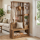 180 cm roomdivider met planken en kapstok, vrijstaande houten scheidingswand voor hal en woonruimte 3