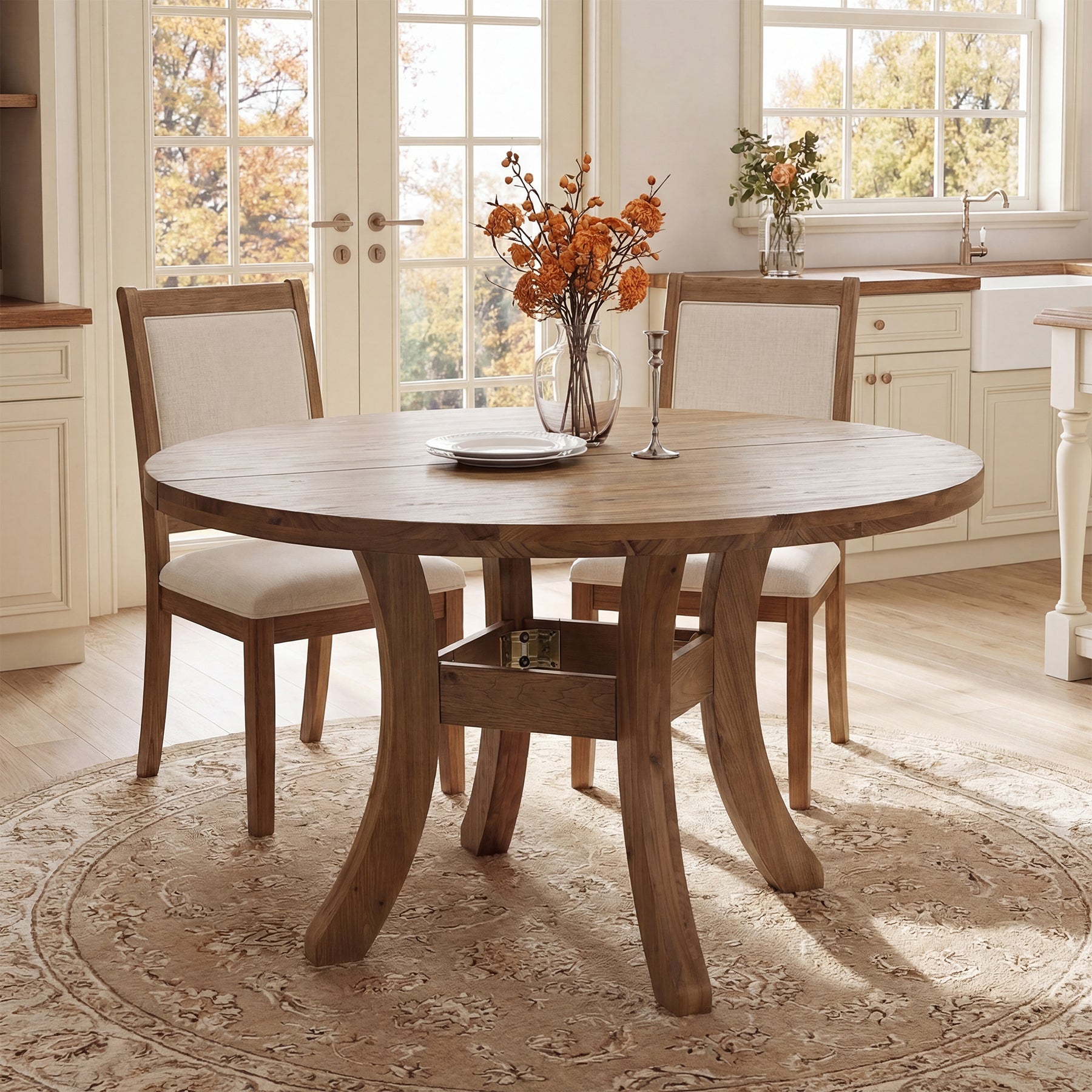 120 cm Massief Houten Ronde Eettafel, Farmhouse Tafel met Gebogen Poten