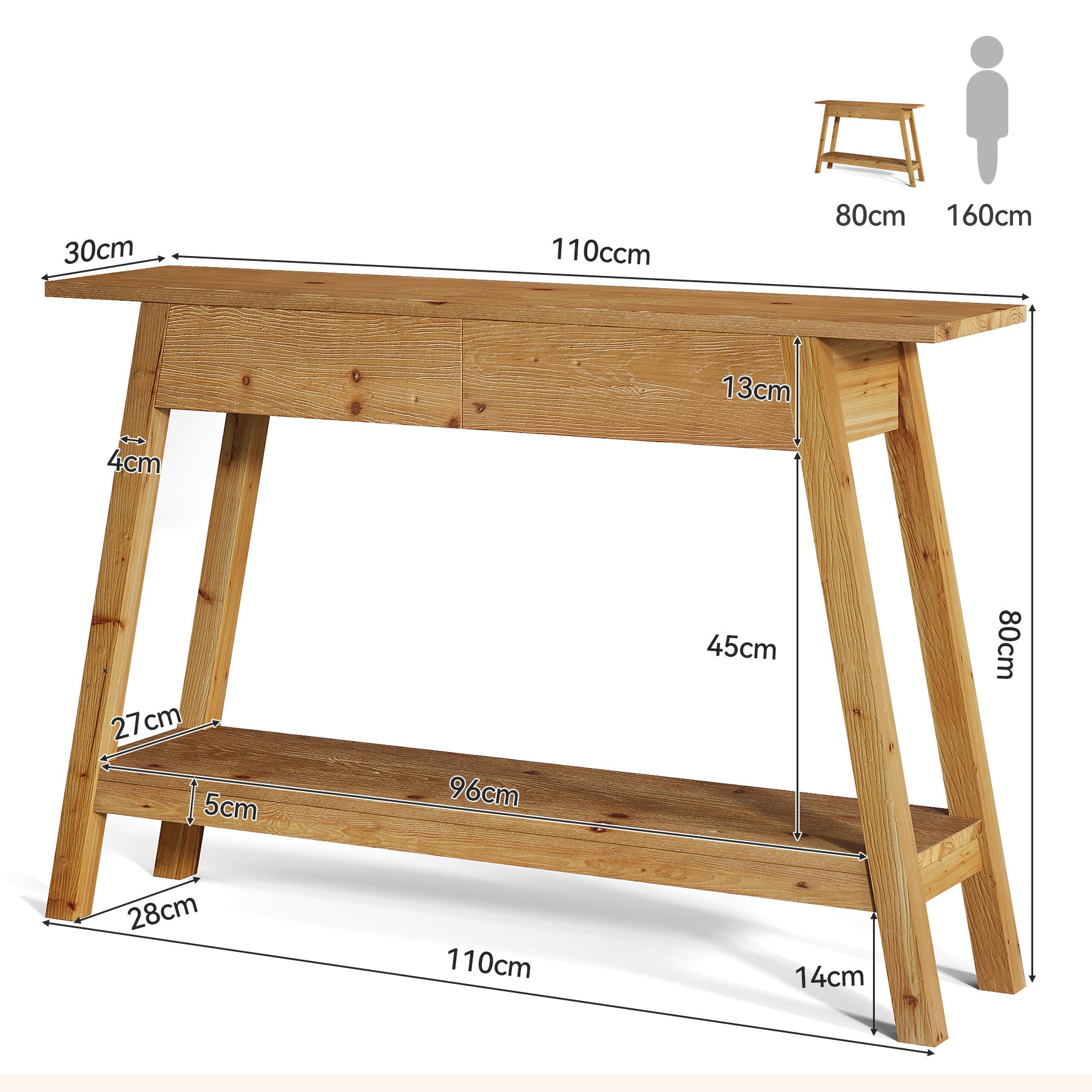 110 cm Massief Houten Consoletafel met 2 Lades, Smalle Haltafel met Opbergruimte voor Woonkamer en Entree