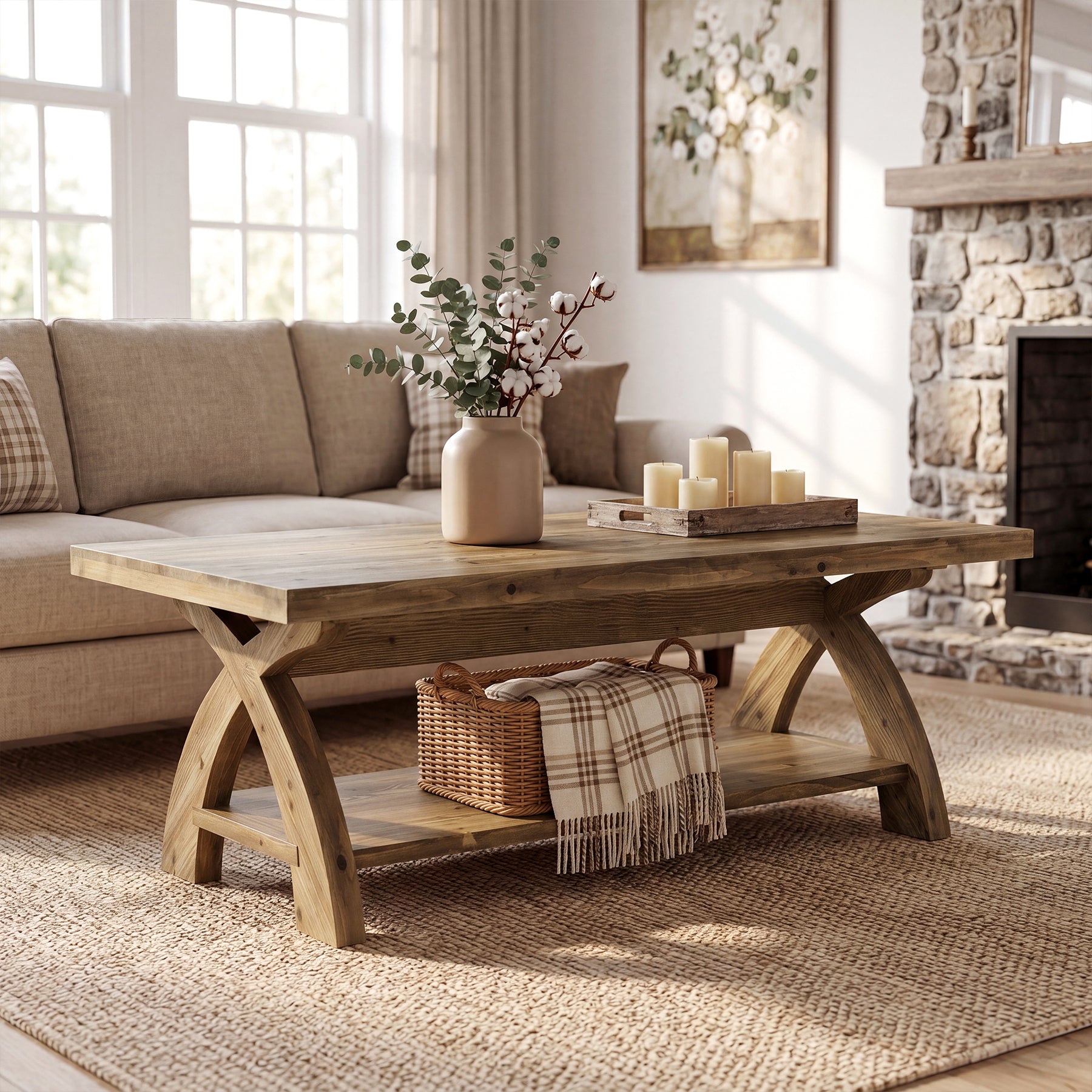 Tribesigns massief houten salontafel met opbergplank, landelijke middentafel voor woonkamer