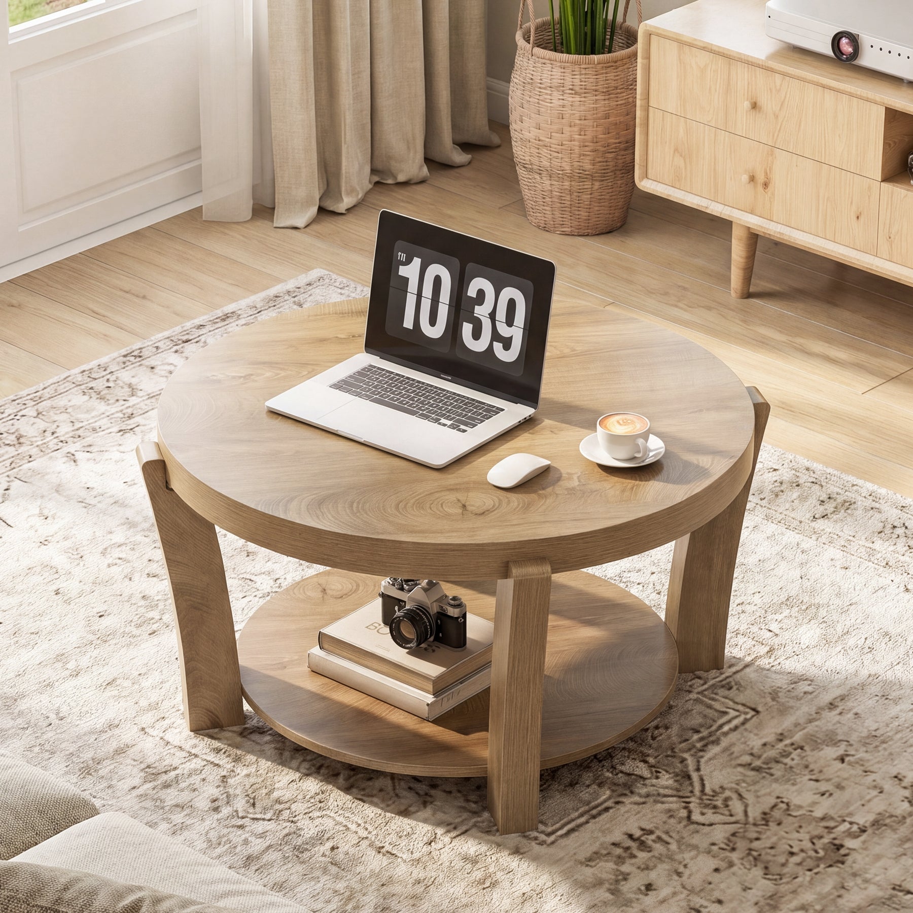 80 cm Tribesigns ronde salontafel met 2-laagse opbergruimte, houten koffietafel voor woonkamer