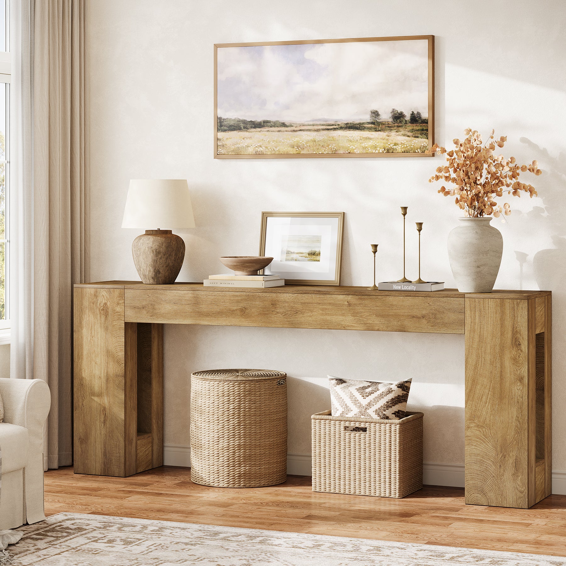 200 cm Extra Lange Consoletafel met Dikke Poten, Landelijke Smalle Sofa Tafel voor Hal Woonkamer Achter Bank