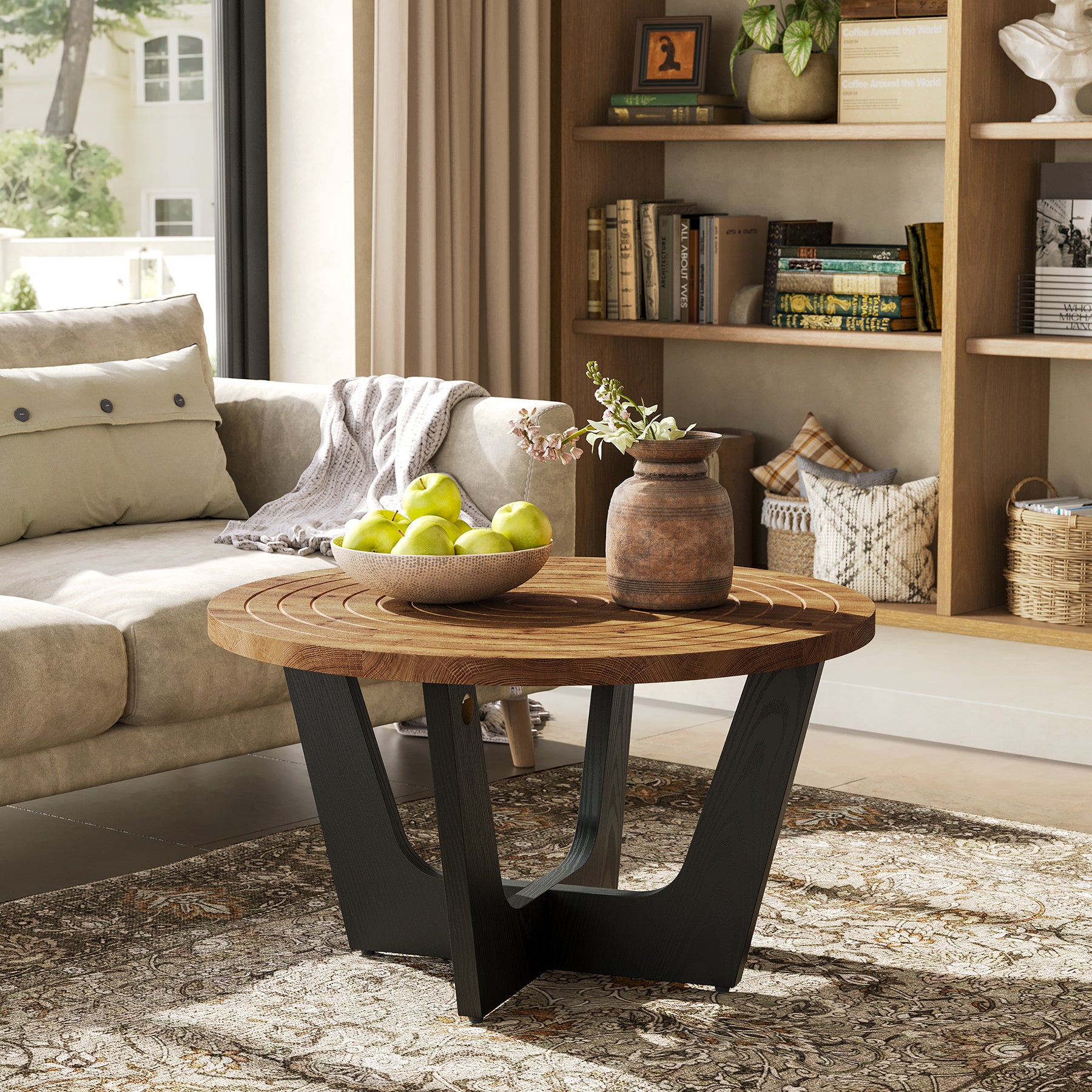 80 cm Ronde Massief Houten Salontafel, Landelijke Stijl met Ringgroef in Bruin en Zwart