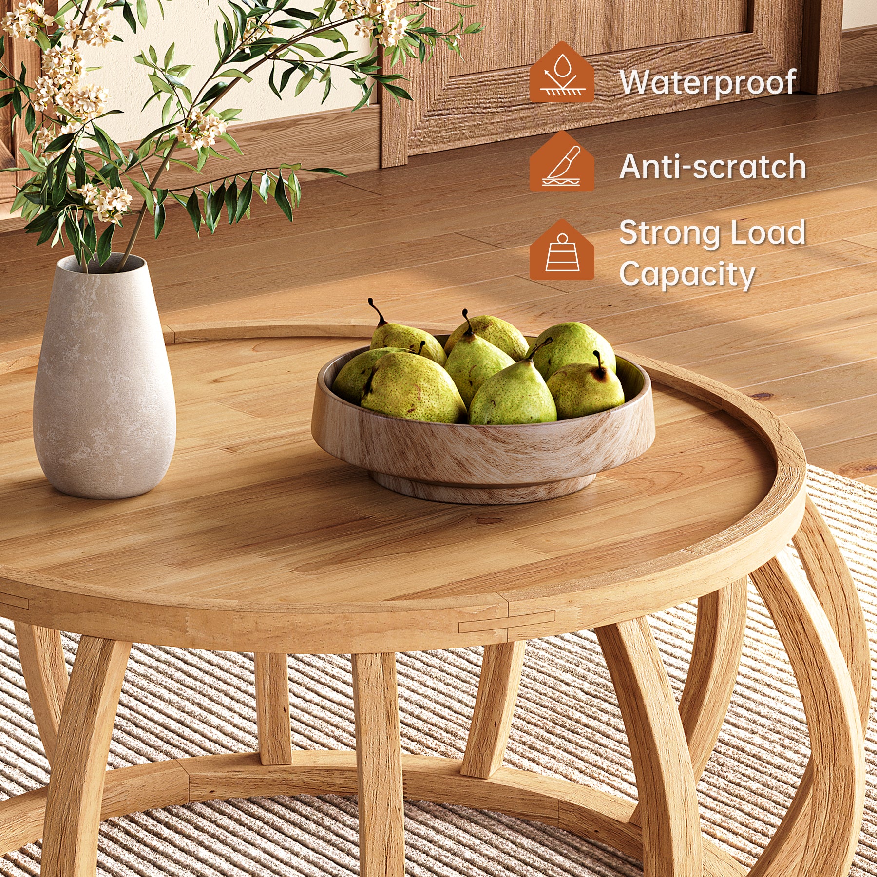 Ronde Massief Houten Salontafel, Industrieel Design met Gebogen Frame voor Elke Ruimte