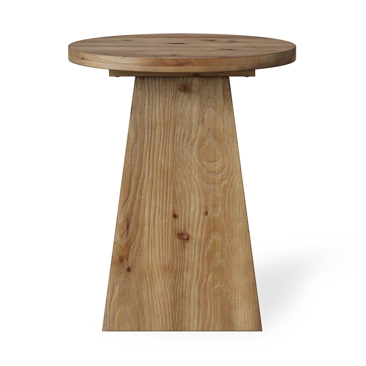 48 x 60 cm ronde bijzettafel van massief hout met geometrische trapeziumbasis, vintage houten sidetable