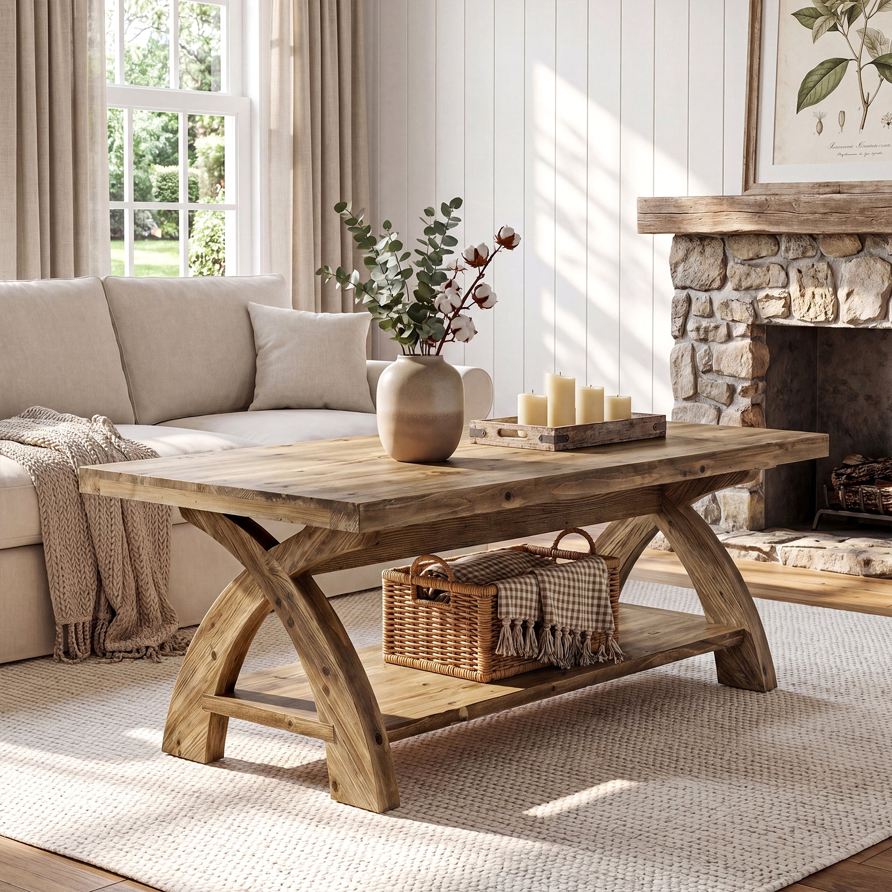 Tribesigns massief houten salontafel met opbergplank, landelijke middentafel voor woonkamer
