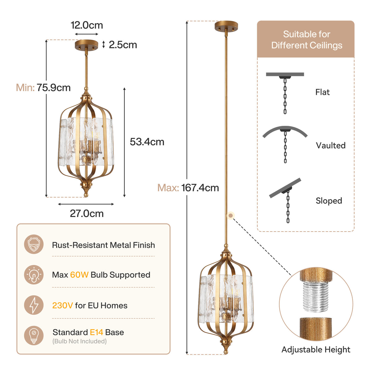 Tribesigns glazen hanglamp met verstelbare hoogte en gouden retro design, plafondlamp voor eettafel en keuken [Energy Class E]