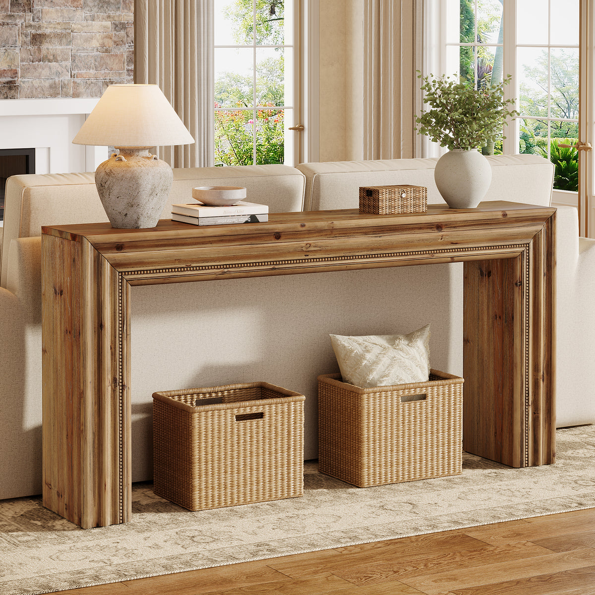 160 cm Tribesigns massief houten consoletafel met geometrisch design, smalle haltafel voor woonkamer en hal