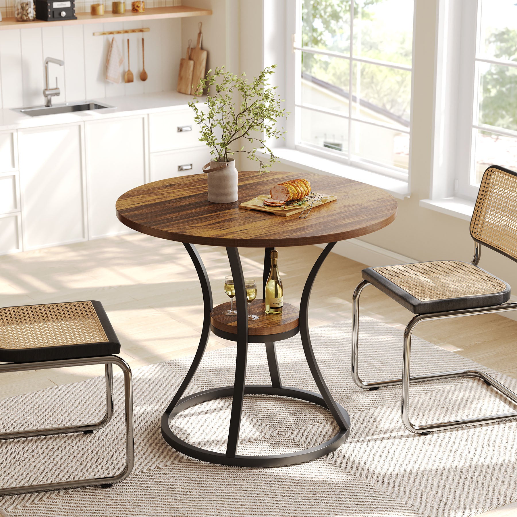 80 cm Ronde Eettafel met Metalen Voet en Opbergruimte, Kleine Keukentafel voor 2–4 Personen