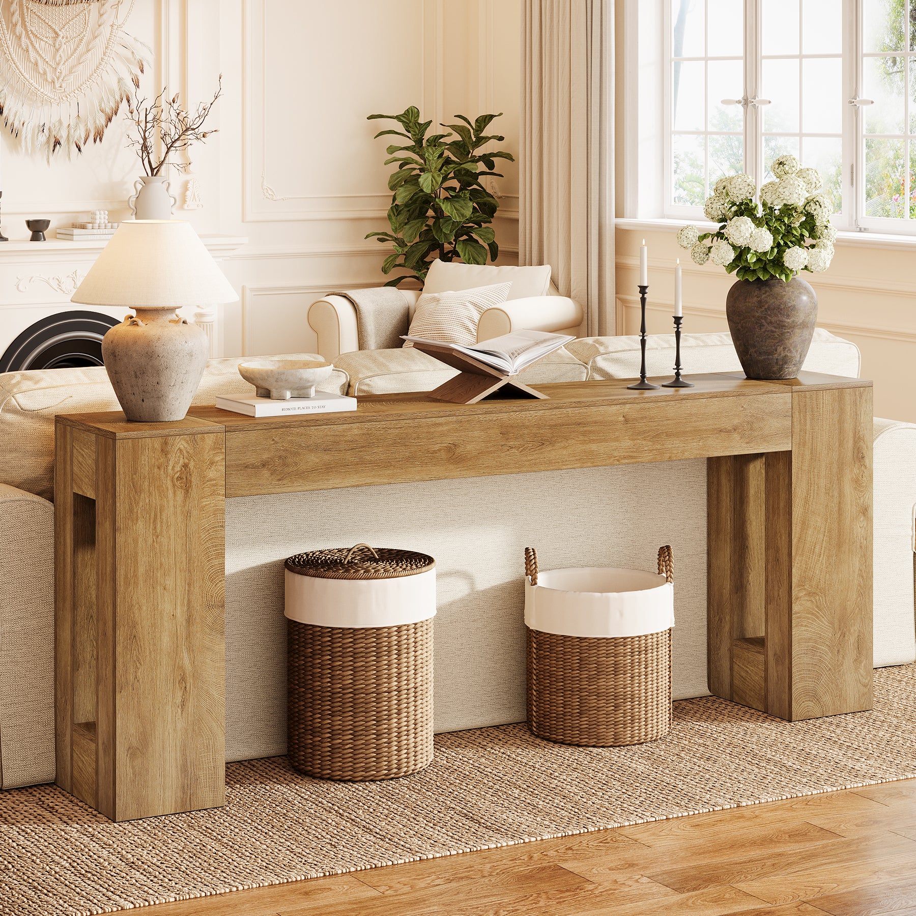200 cm Extra Lange Consoletafel met Dikke Poten, Landelijke Smalle Sofa Tafel voor Hal Woonkamer Achter Bank