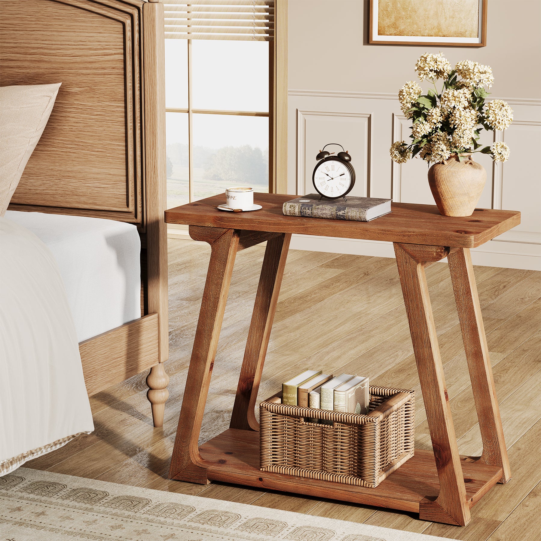 Tribesigns 60 cm Bijzettafel, Landelijk Houten Tafeltje met 2 Planken