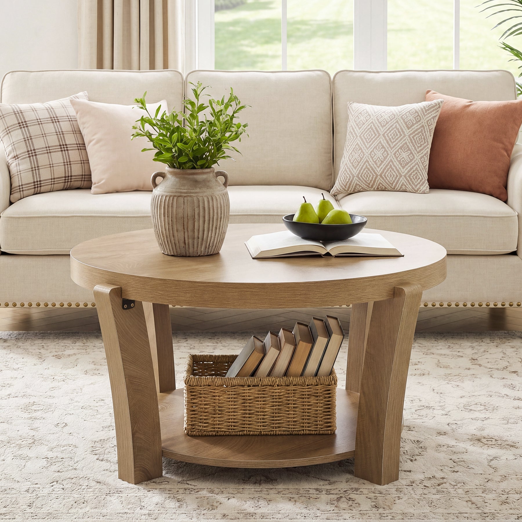 80 cm Tribesigns ronde salontafel met 2-laagse opbergruimte, houten koffietafel voor woonkamer