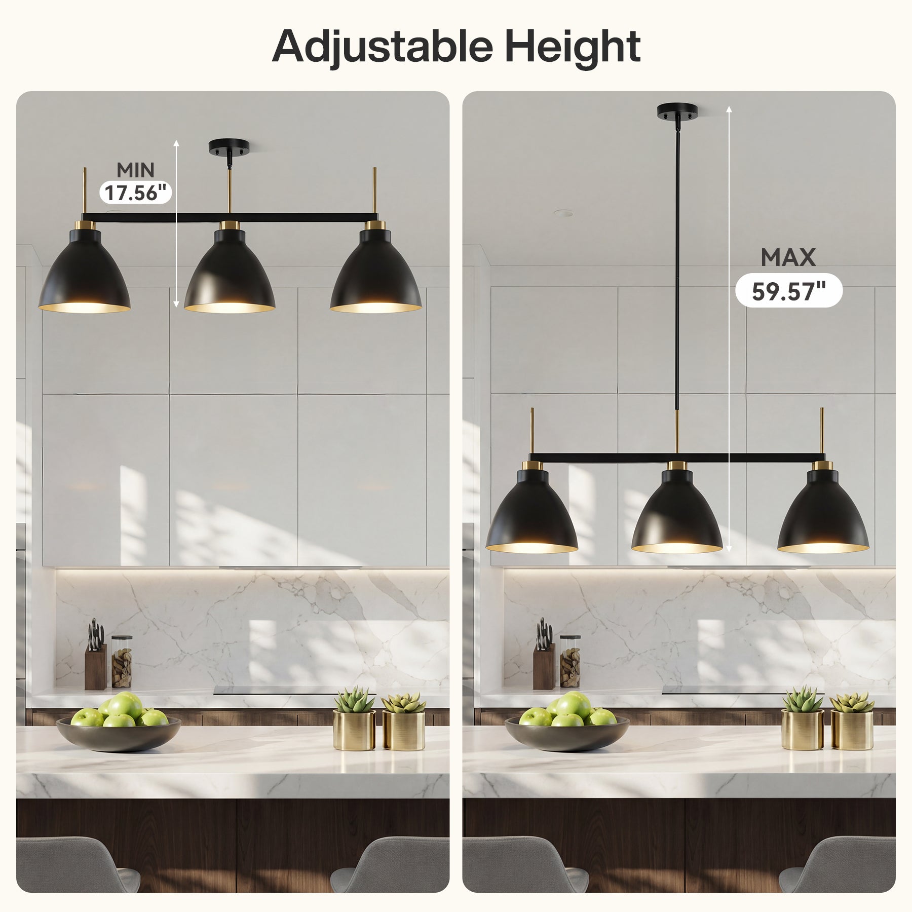 Tribesigns Vintage 3-Lichts Hanglamp, Zwart-Gouden Pendellamp met Verstelbare Stangen [Energieklasse F]