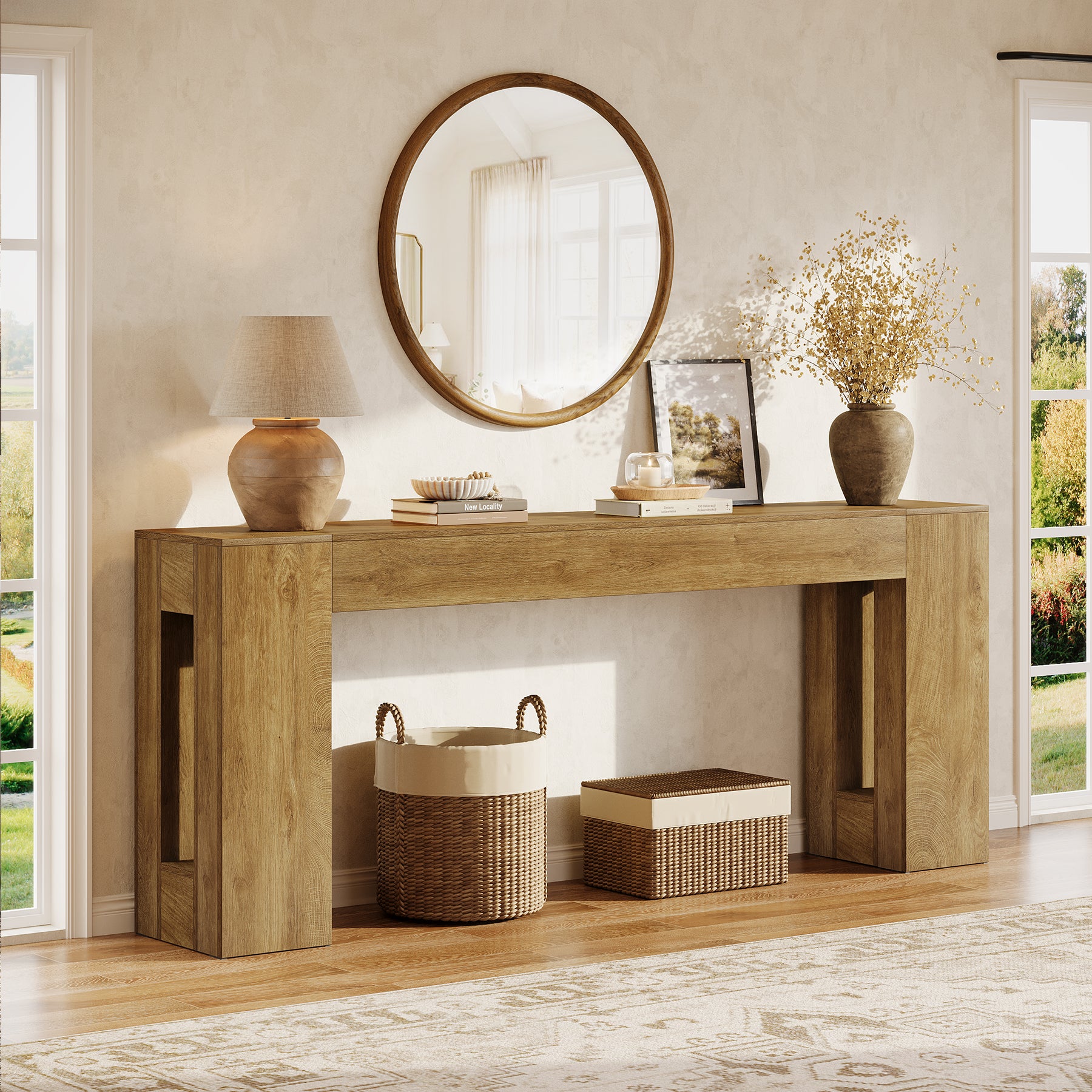 200 cm Extra Lange Consoletafel met Dikke Poten, Landelijke Smalle Sofa Tafel voor Hal Woonkamer Achter Bank