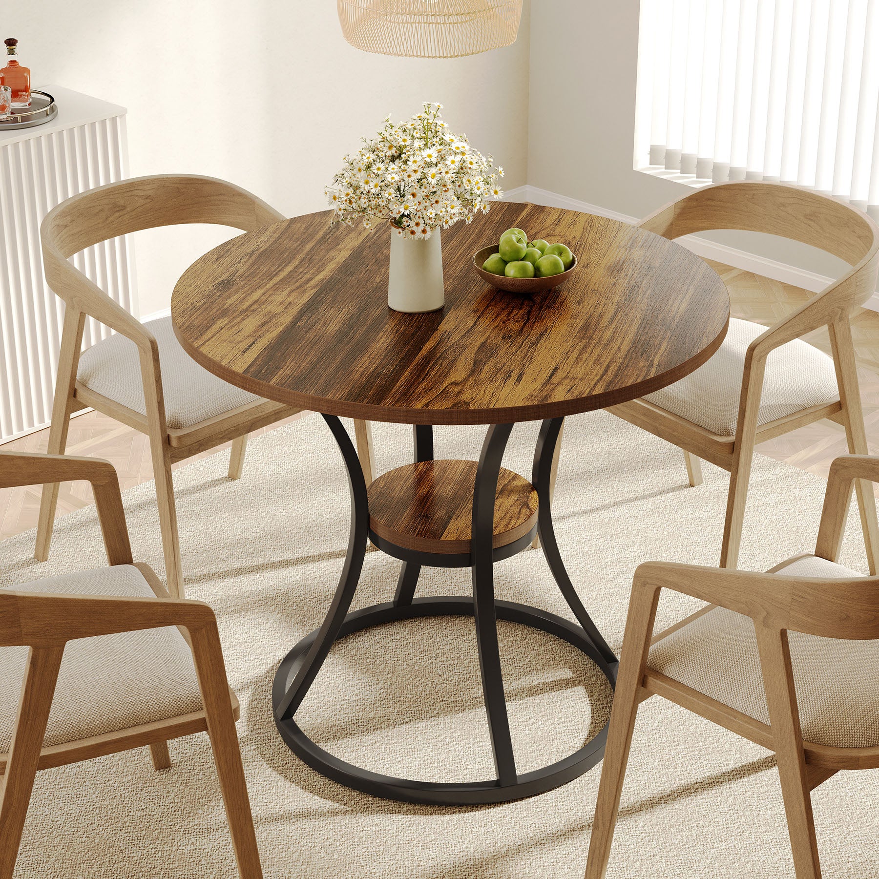 80 cm Ronde Eettafel met Metalen Voet en Opbergruimte, Kleine Keukentafel voor 2–4 Personen