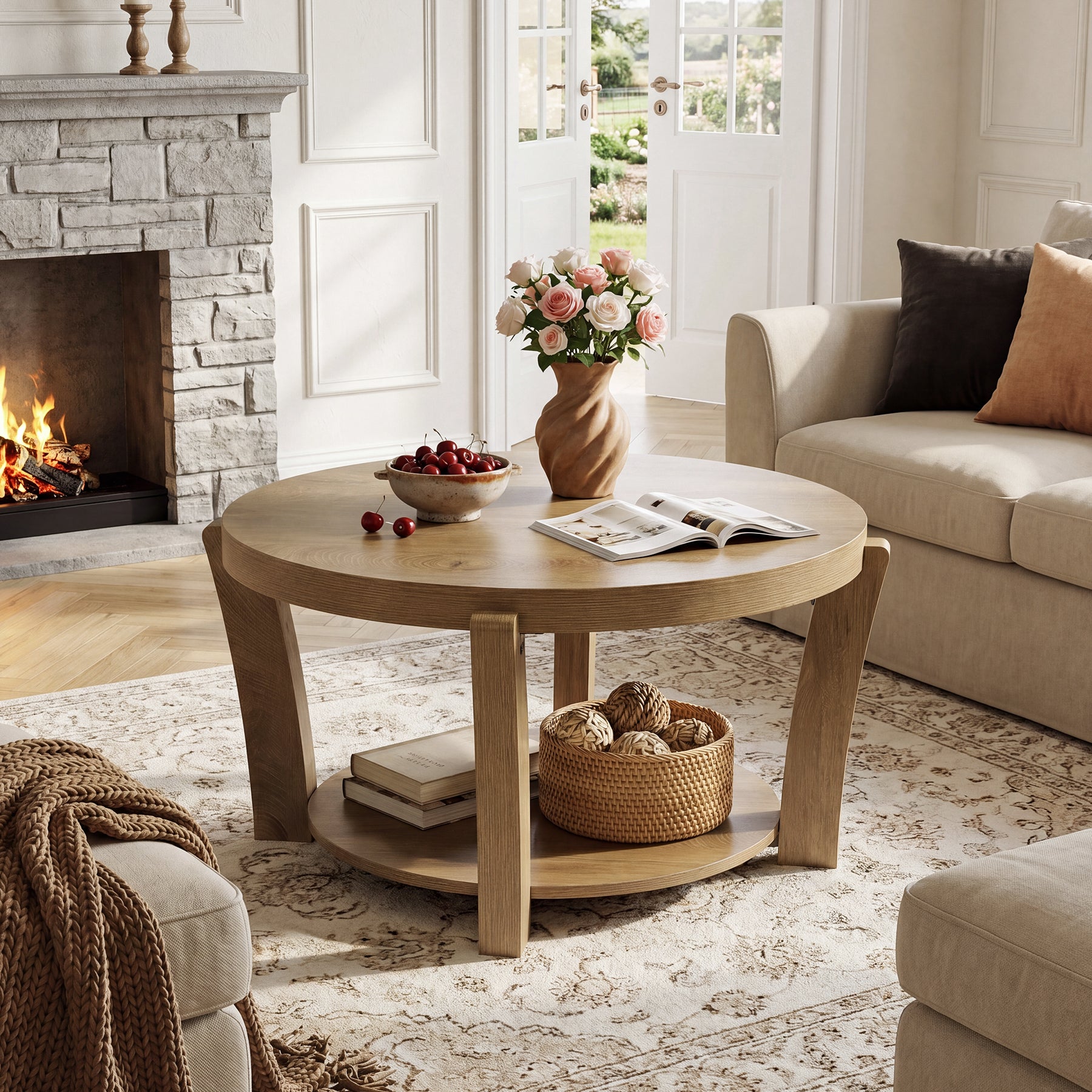 80 cm Tribesigns ronde salontafel met 2-laagse opbergruimte, houten koffietafel voor woonkamer